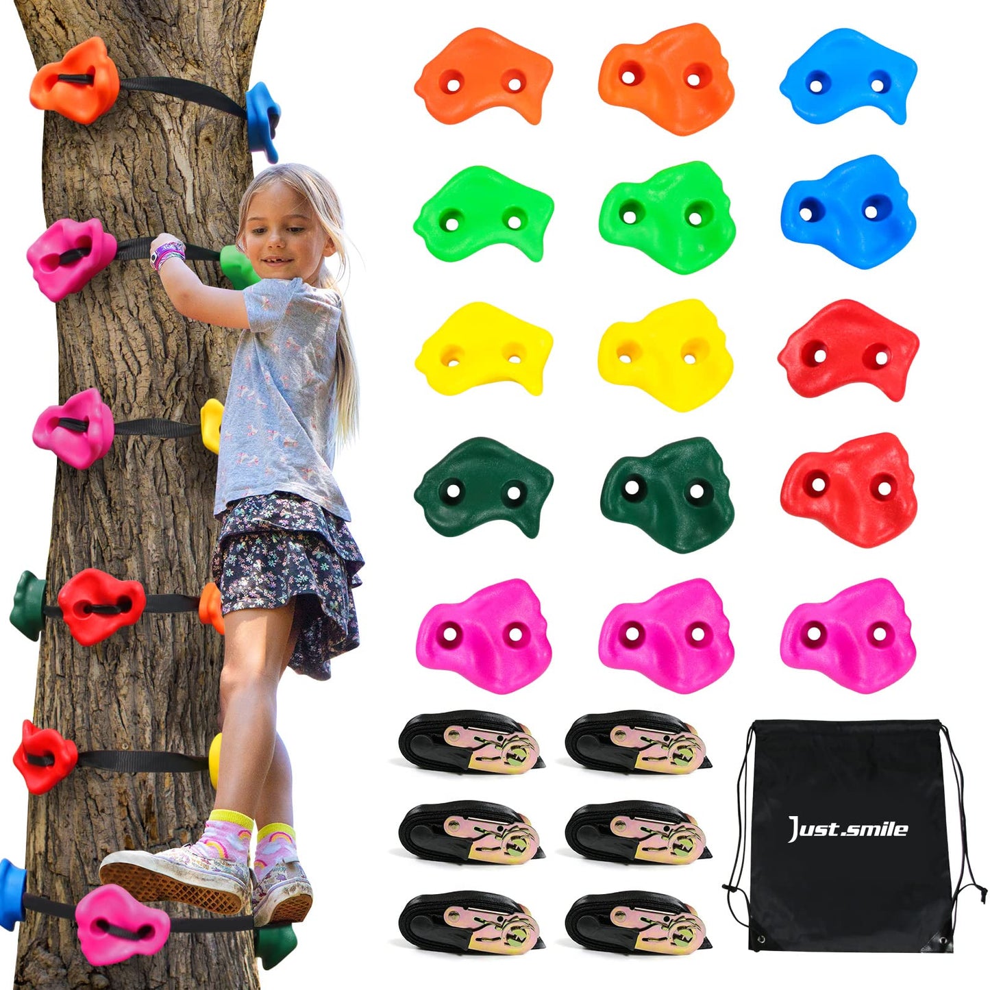 Just.smile Climbing Hold Kit for Kids – 15 Pcs with 6 Ratchets, Outdoor Ninja Warrior Obstacle Course