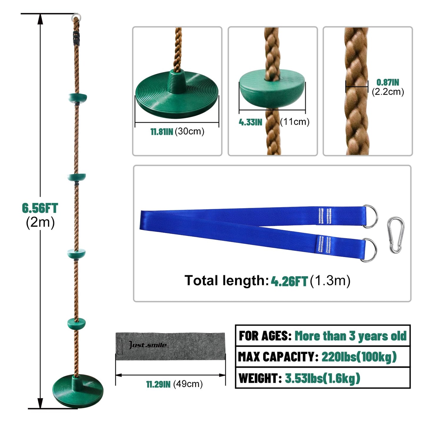 Just.smile Tree Swing for Kids: Climbing Rope with Platforms & Disc Seat (Carabiner, 4ft Strap, Tree Protector)