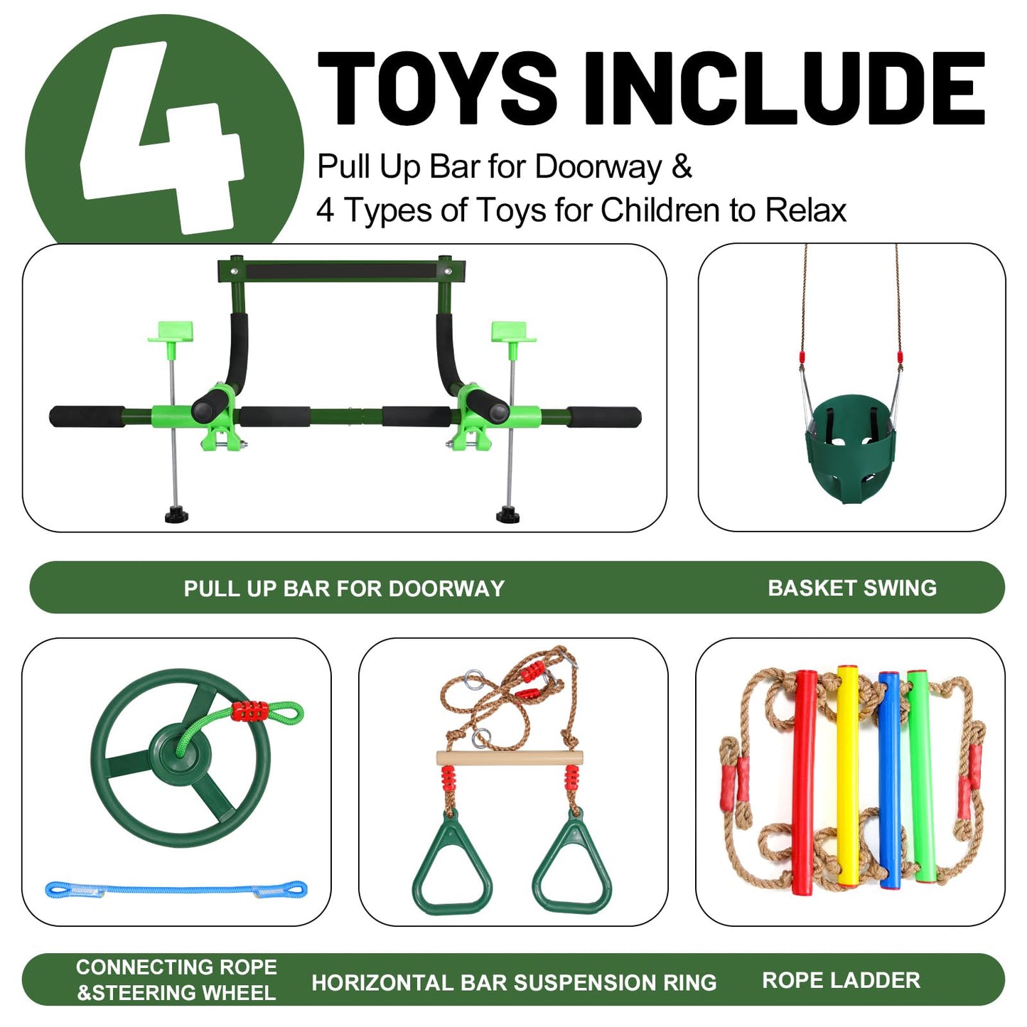 Just.smile Doorway Swing for Kids & Door Pull Up Bar – Indoor Multi-Function Door Gym (Dark Green)