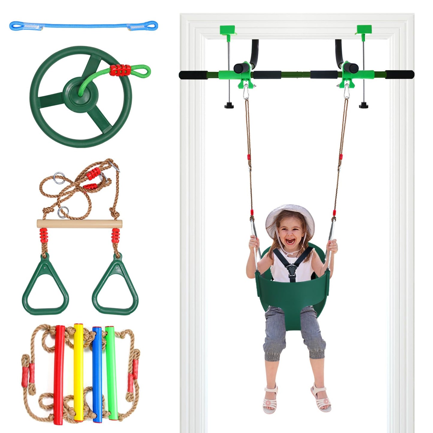 Just.smile Doorway Swing for Kids & Door Pull Up Bar – Indoor Multi-Function Door Gym (Dark Green)