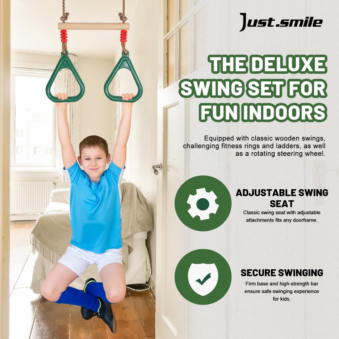 Just.smile Doorway Swing for Kids & Door Pull Up Bar – Indoor Multi-Function Door Gym (Dark Green)