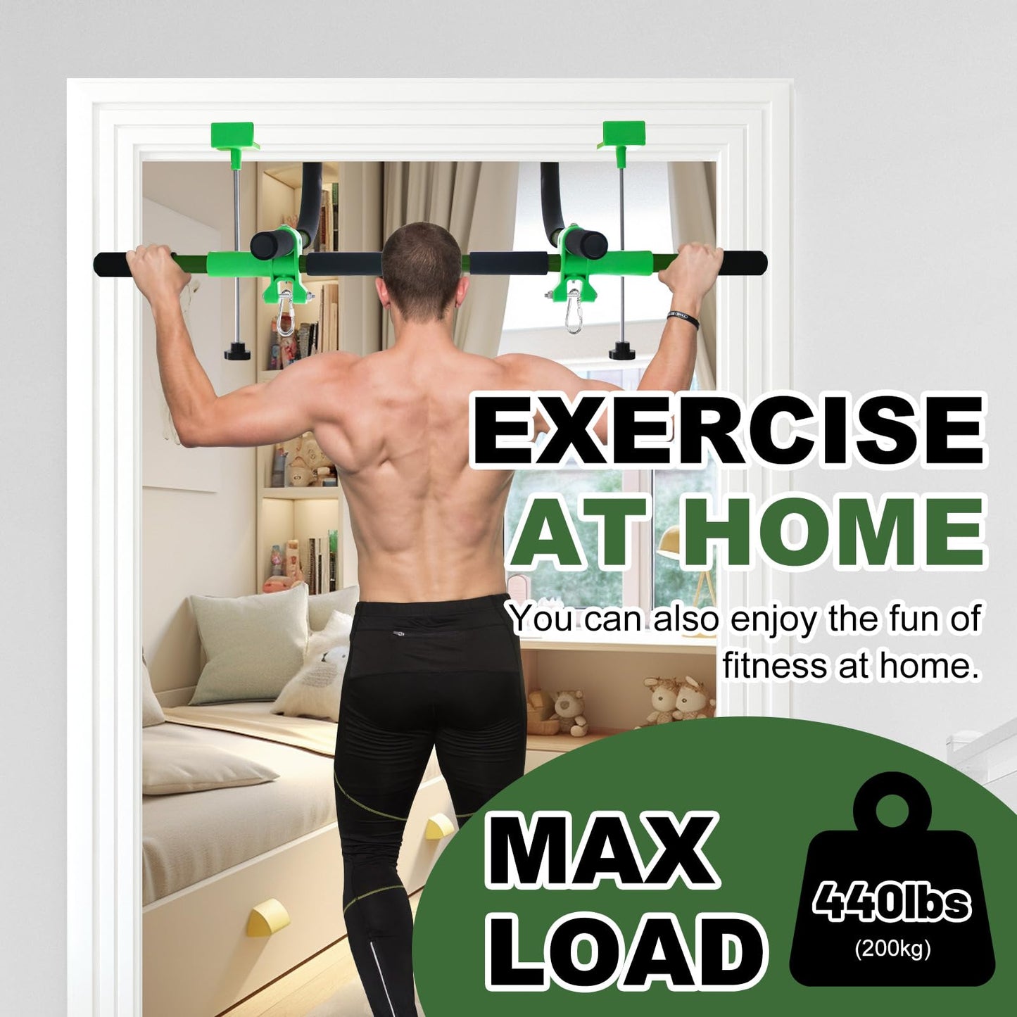 Just.smile Doorway Swing for Kids & Door Pull Up Bar – Indoor Multi-Function Door Gym (Dark Green)