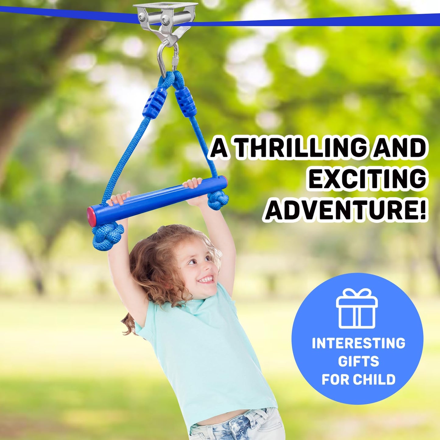Just.smile Zip Line Kit for Kids — Stainless Steel Double Bearings, 60ft Backyard Slackline & Zipline