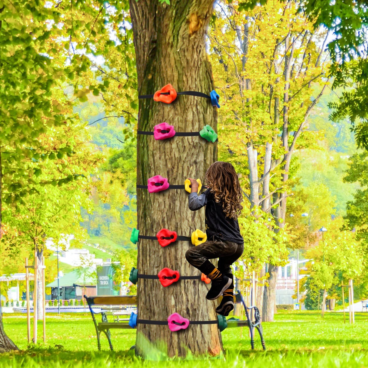 Just.smile Climbing Hold Kit for Kids – 15 Pcs with 6 Ratchets, Outdoor Ninja Warrior Obstacle Course