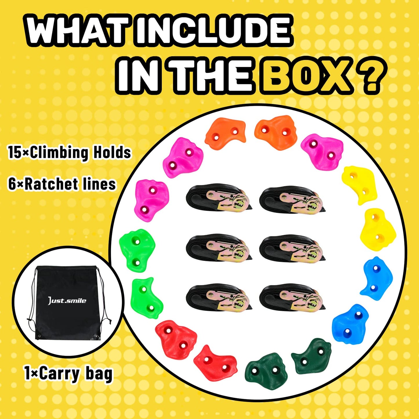 Just.smile Climbing Hold Kit for Kids – 15 Pcs with 6 Ratchets, Outdoor Ninja Warrior Obstacle Course
