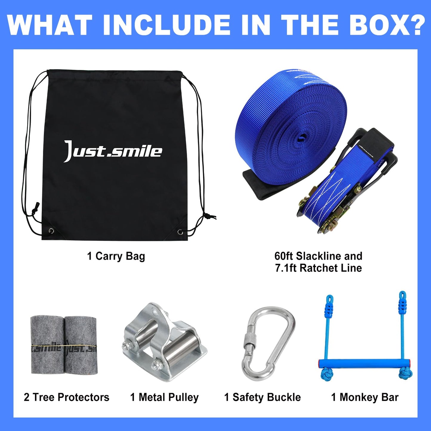Just.smile Zip Line Kit for Kids — Stainless Steel Double Bearings, 60ft Backyard Slackline & Zipline