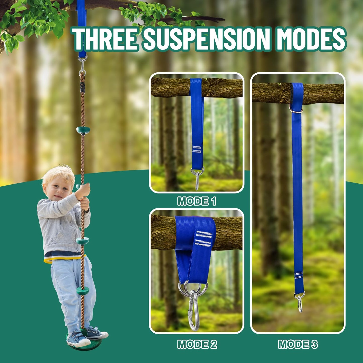 Just.smile Tree Swing for Kids: Climbing Rope with Platforms & Disc Seat (Carabiner, 4ft Strap, Tree Protector)