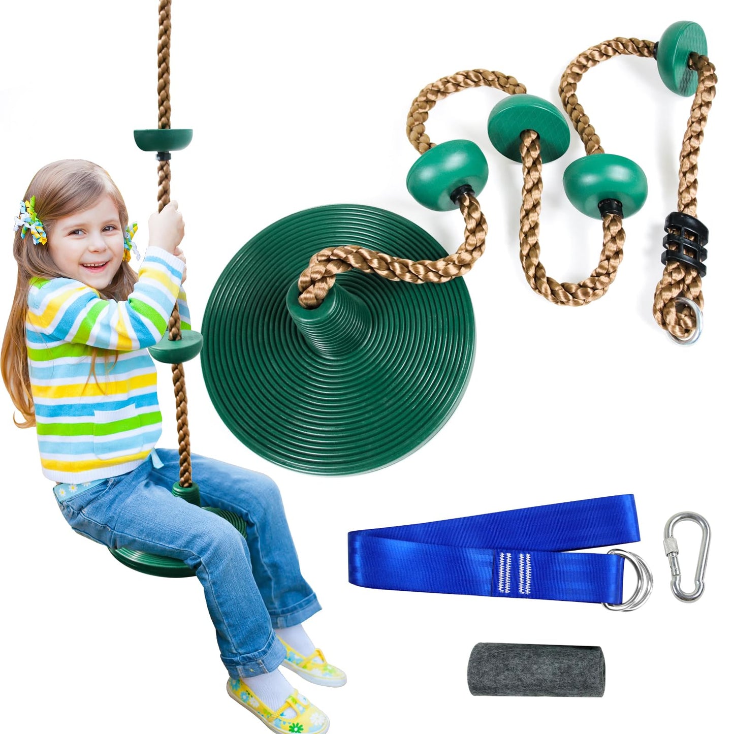 Just.smile Tree Swing for Kids: Climbing Rope with Platforms & Disc Seat (Carabiner, 4ft Strap, Tree Protector)