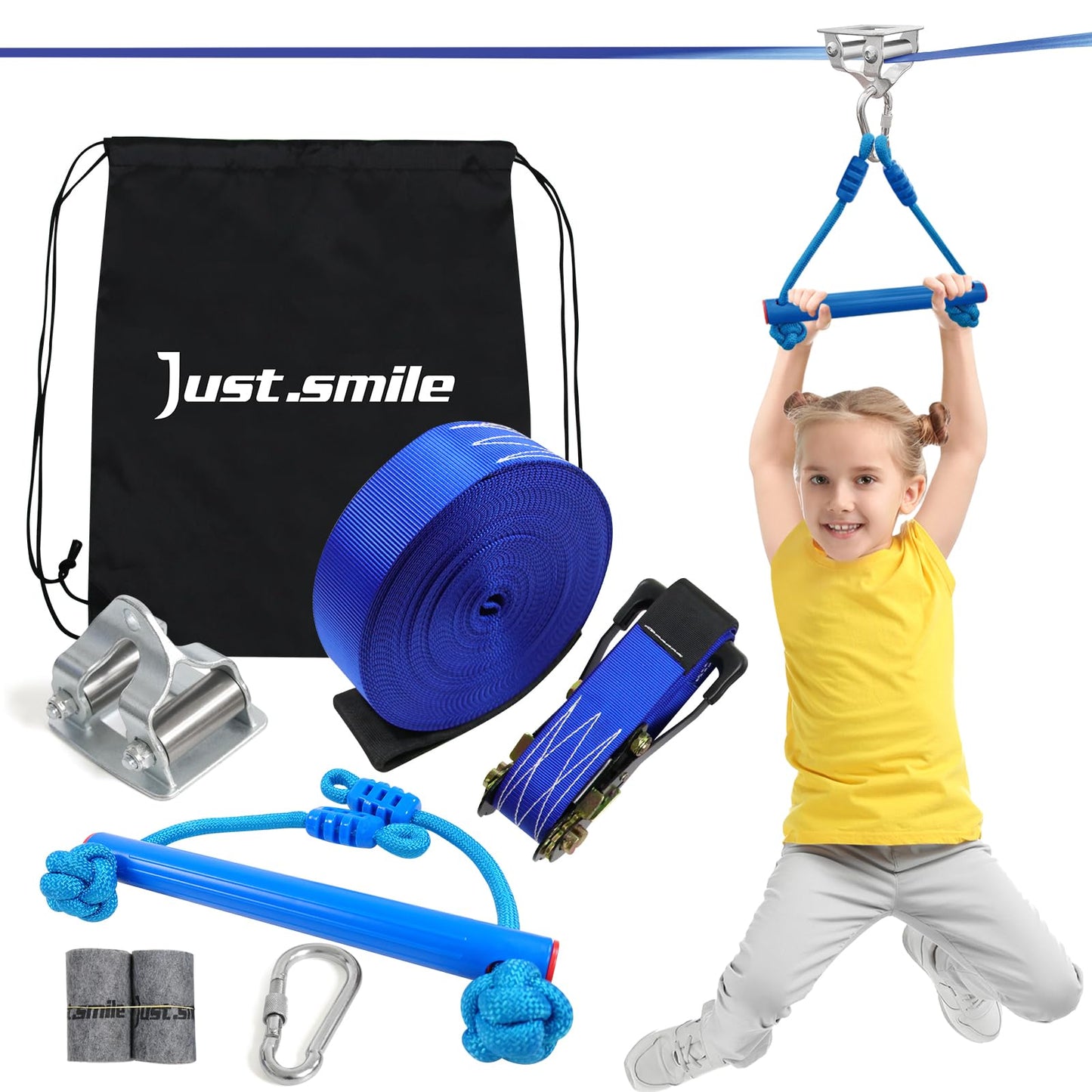 Just.smile Zip Line Kit for Kids — Stainless Steel Double Bearings, 60ft Backyard Slackline & Zipline