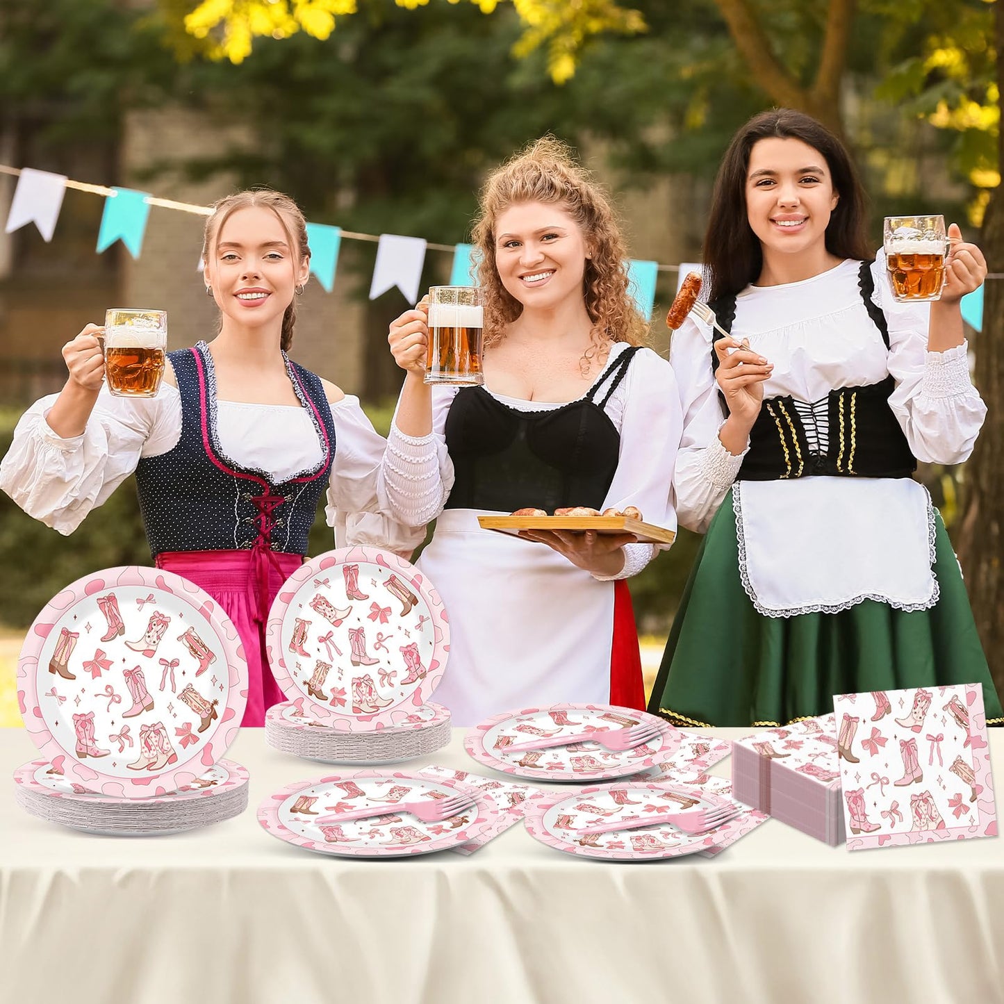 Justforjoyful 96Pcs Coquette Bow Cowgirl Party Supplies – Pink Western Plates, Napkins & Forks for Birthday, Baby Shower, Bachelorette