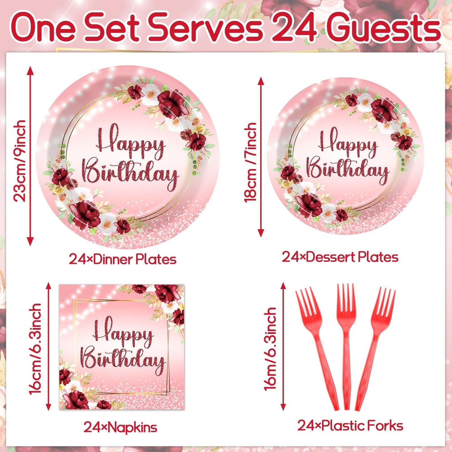 Justforjoyful Burgundy Floral Birthday Party Tableware – 96 Pcs for 24 Guests