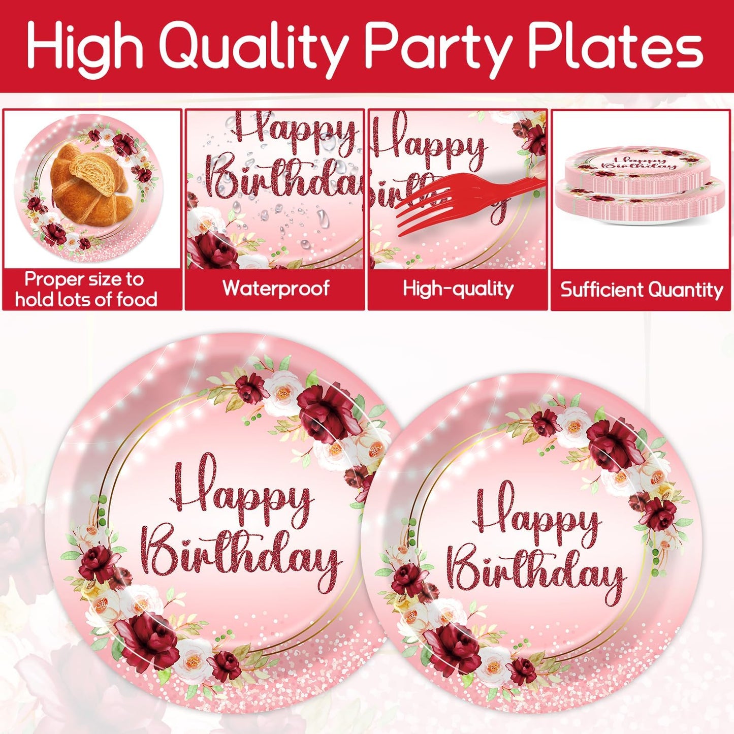 Justforjoyful Burgundy Floral Birthday Party Tableware – 96 Pcs for 24 Guests