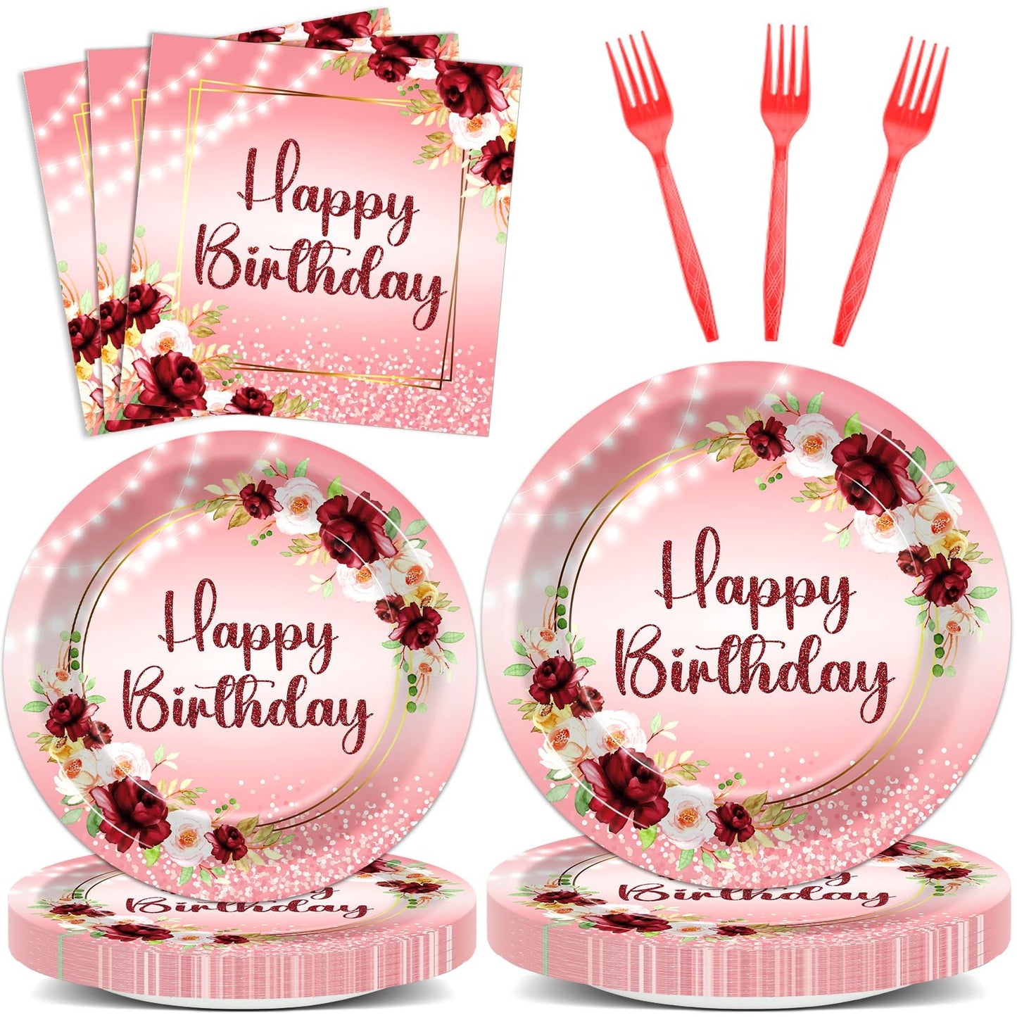 Justforjoyful Burgundy Floral Birthday Party Tableware – 96 Pcs for 24 Guests