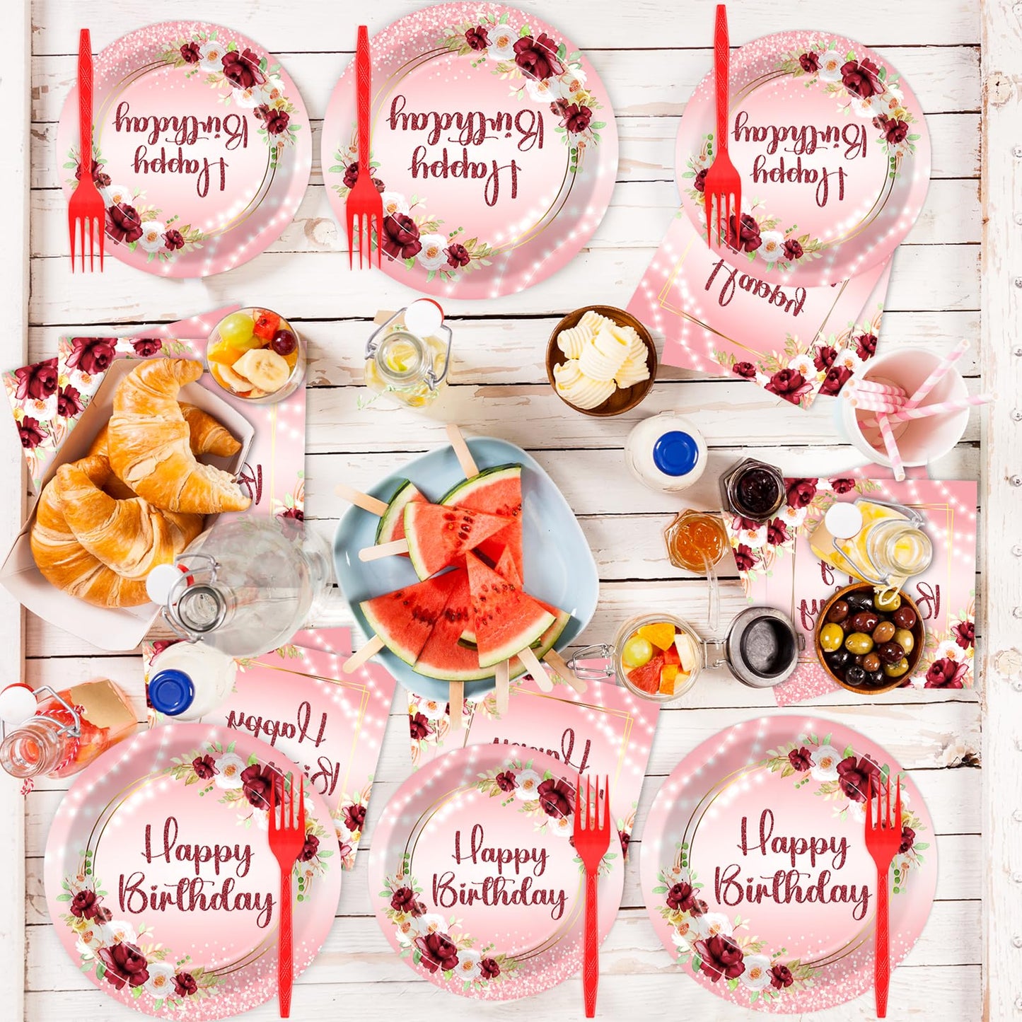 Justforjoyful Burgundy Floral Birthday Party Tableware – 96 Pcs for 24 Guests