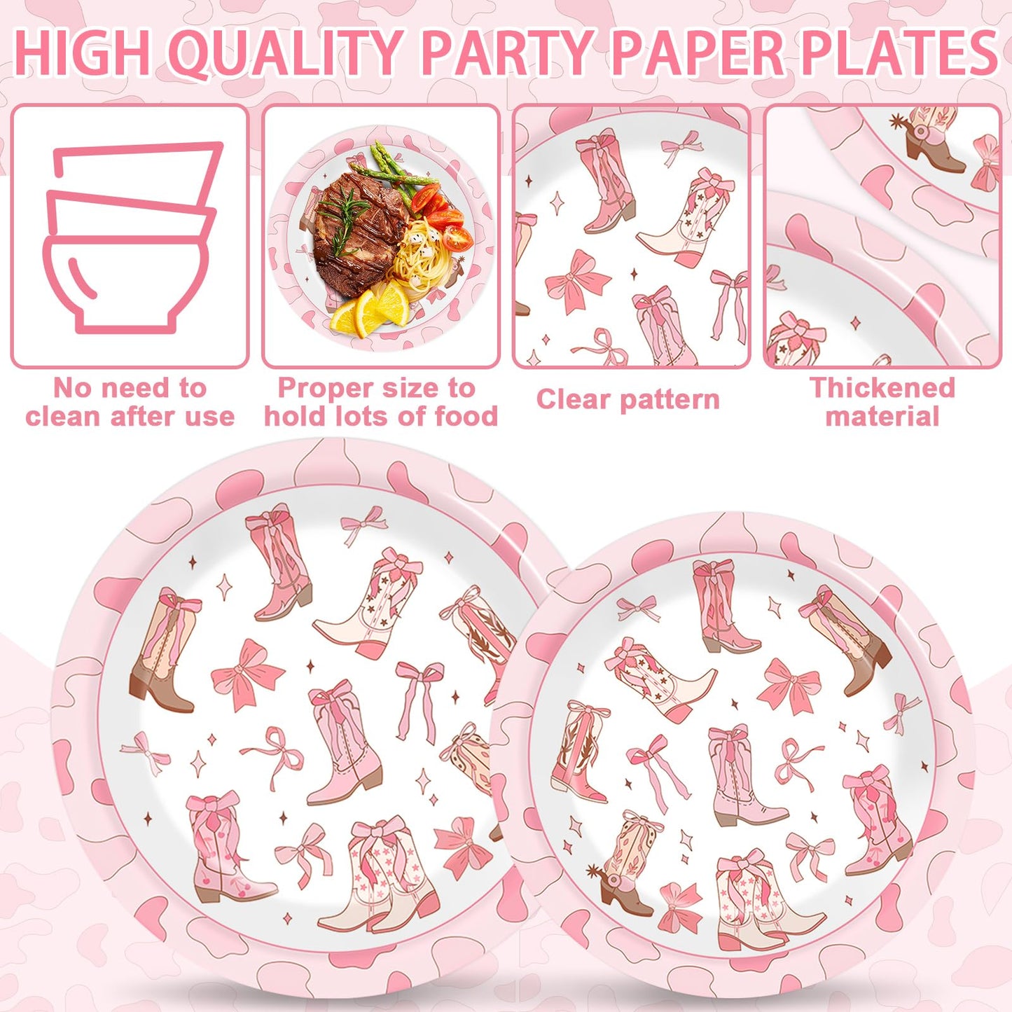 Justforjoyful 96Pcs Coquette Bow Cowgirl Party Supplies – Pink Western Plates, Napkins & Forks for Birthday, Baby Shower, Bachelorette