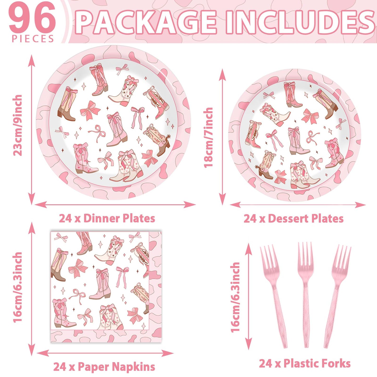 Justforjoyful 96Pcs Coquette Bow Cowgirl Party Supplies – Pink Western Plates, Napkins & Forks for Birthday, Baby Shower, Bachelorette