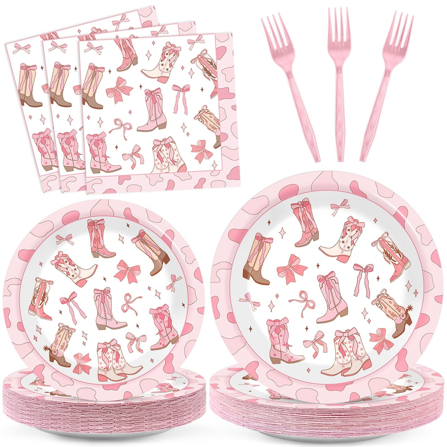 Justforjoyful 96Pcs Coquette Bow Cowgirl Party Supplies – Pink Western Plates, Napkins & Forks for Birthday, Baby Shower, Bachelorette