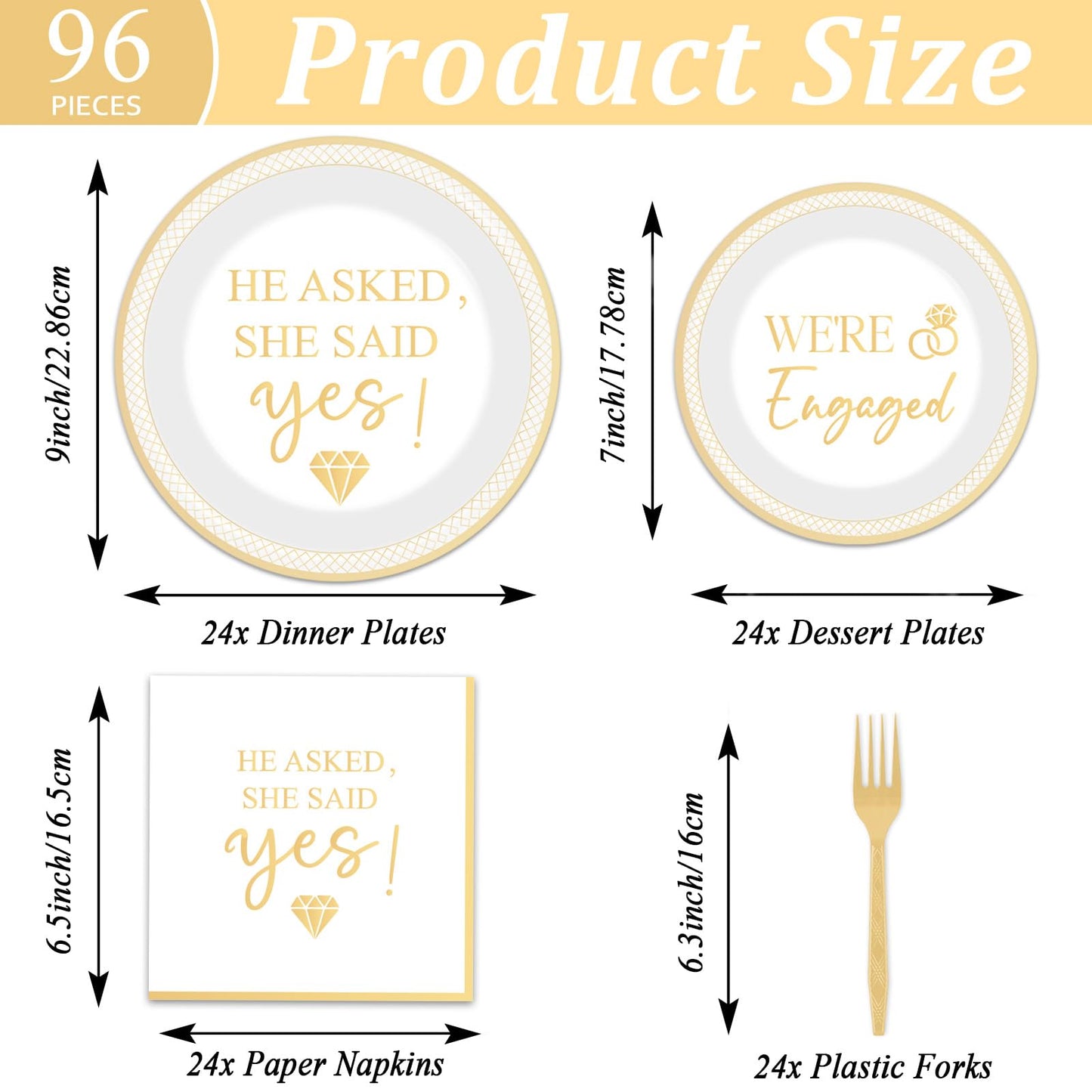 Justforjoyful 96Pcs Happy Engagement Party Supplies – She Said Yes Tableware Set for 24