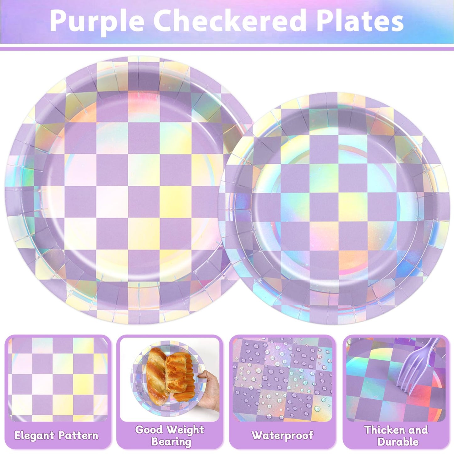 Justforjoyful 96Pcs Iridescent Purple Checkered Party Tableware Set for 24 – Plates, Napkins & Forks