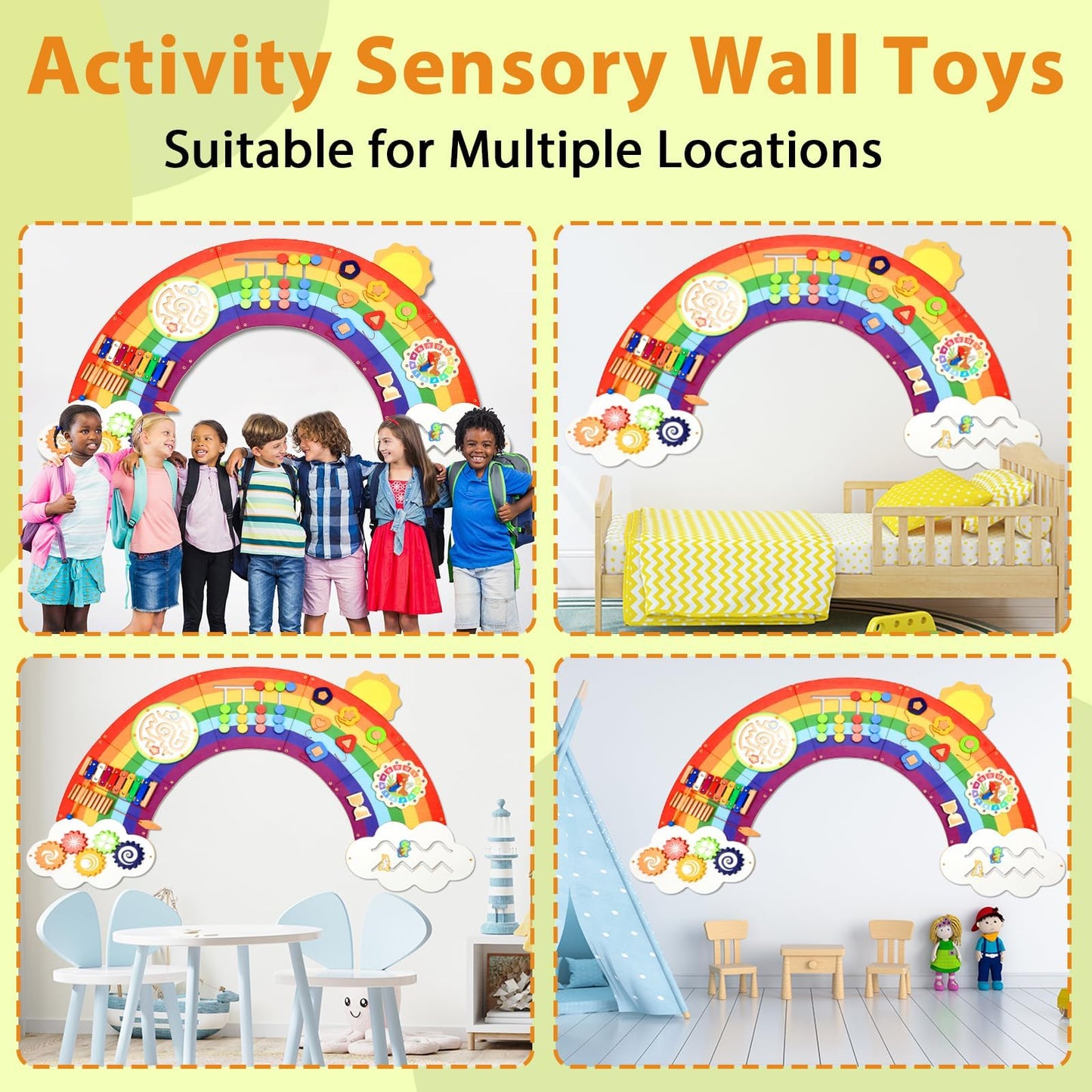 Justforjoyful 5FT Sunshine Rainbow Wooden Activity Wall Panel - Montessori Busy Board