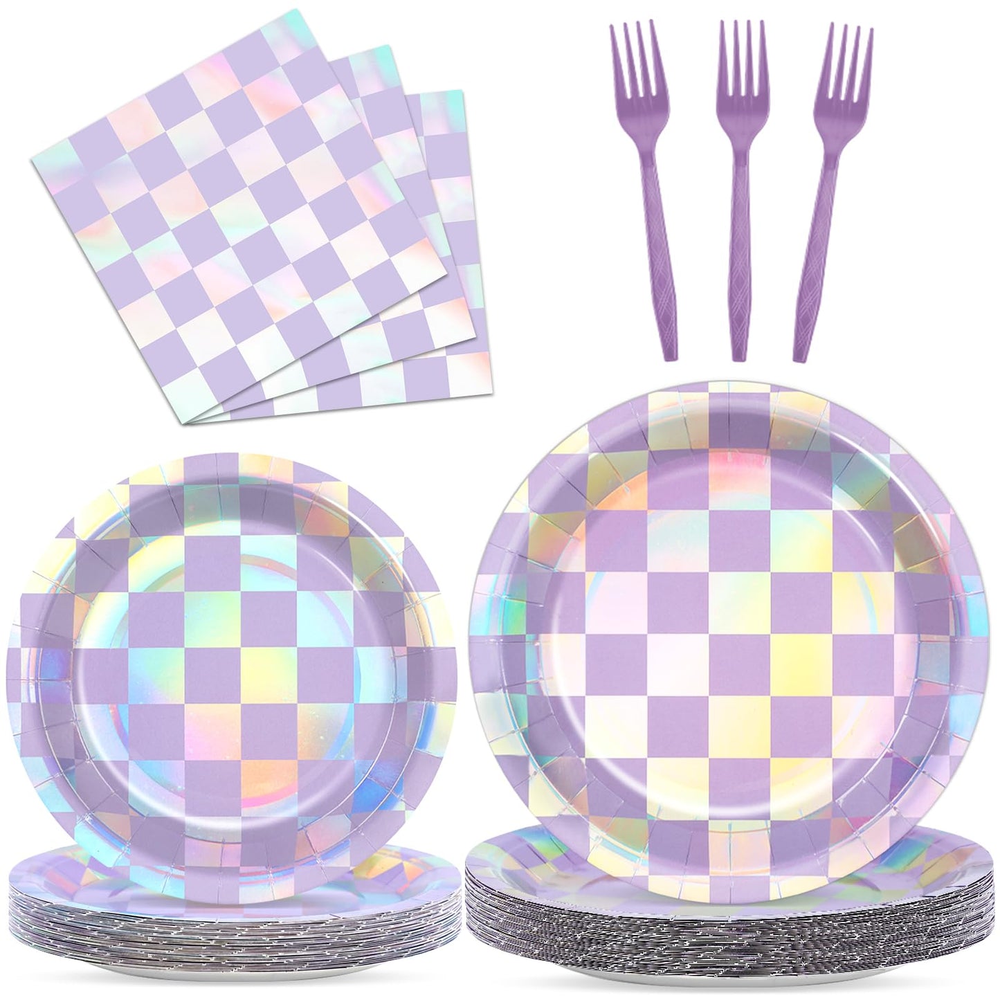 Justforjoyful 96Pcs Iridescent Purple Checkered Party Tableware Set for 24 – Plates, Napkins & Forks