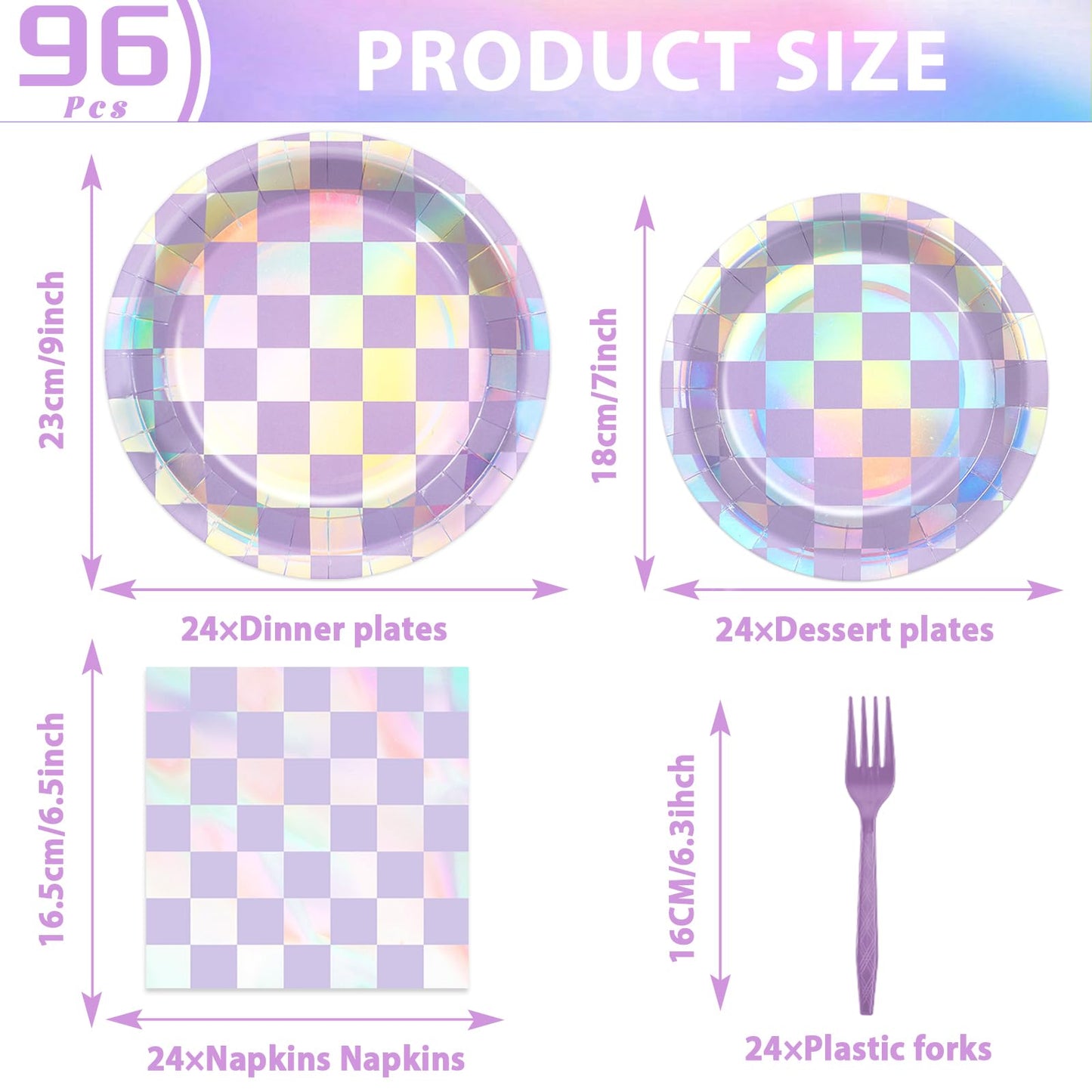 Justforjoyful 96Pcs Iridescent Purple Checkered Party Tableware Set for 24 – Plates, Napkins & Forks