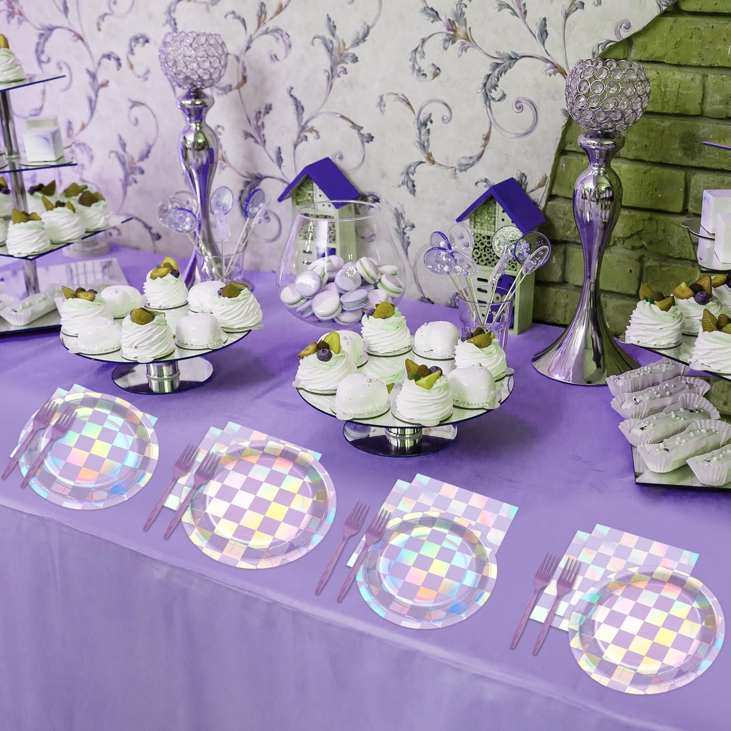 Justforjoyful 96Pcs Iridescent Purple Checkered Party Tableware Set for 24 – Plates, Napkins & Forks