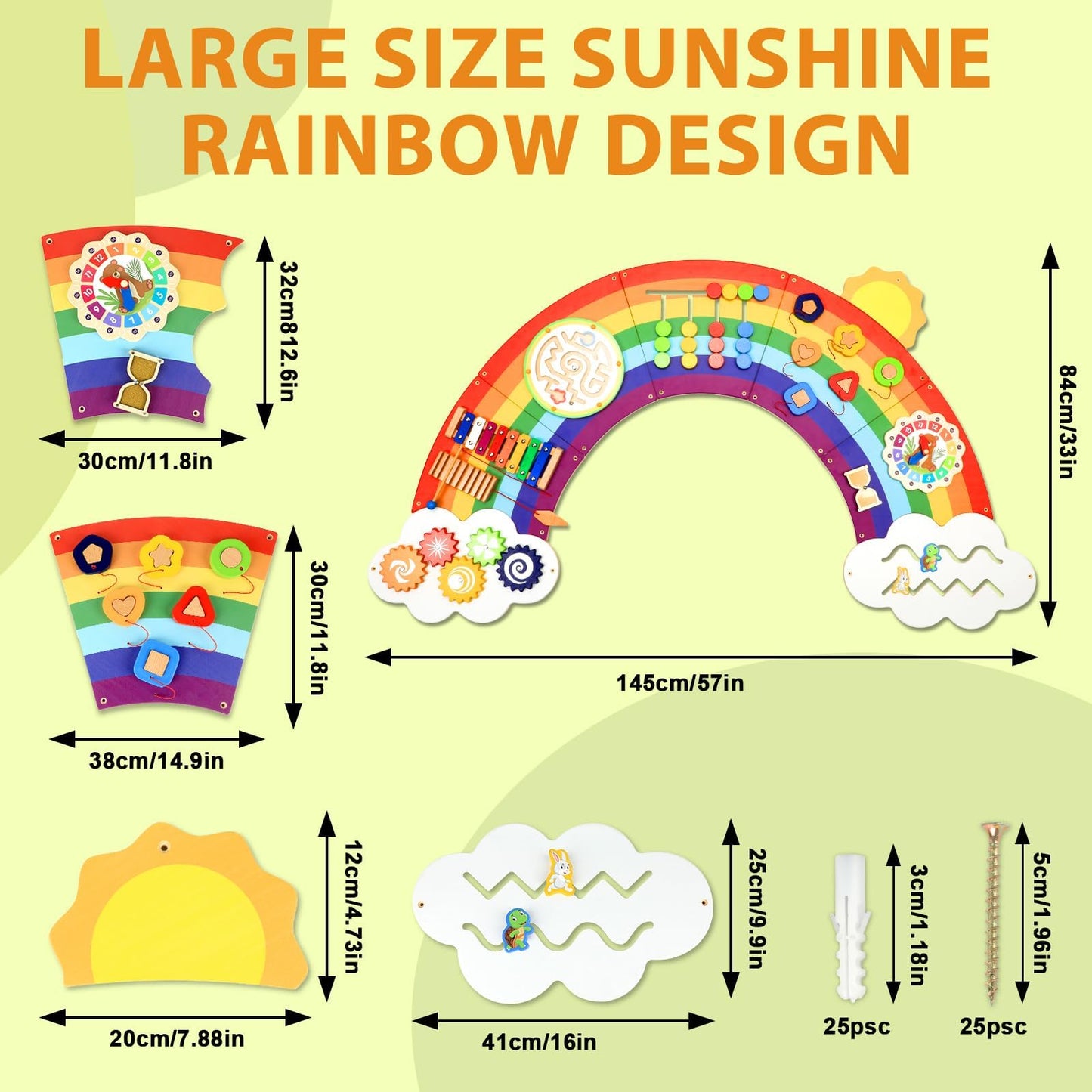 Justforjoyful 5FT Sunshine Rainbow Wooden Activity Wall Panel - Montessori Busy Board