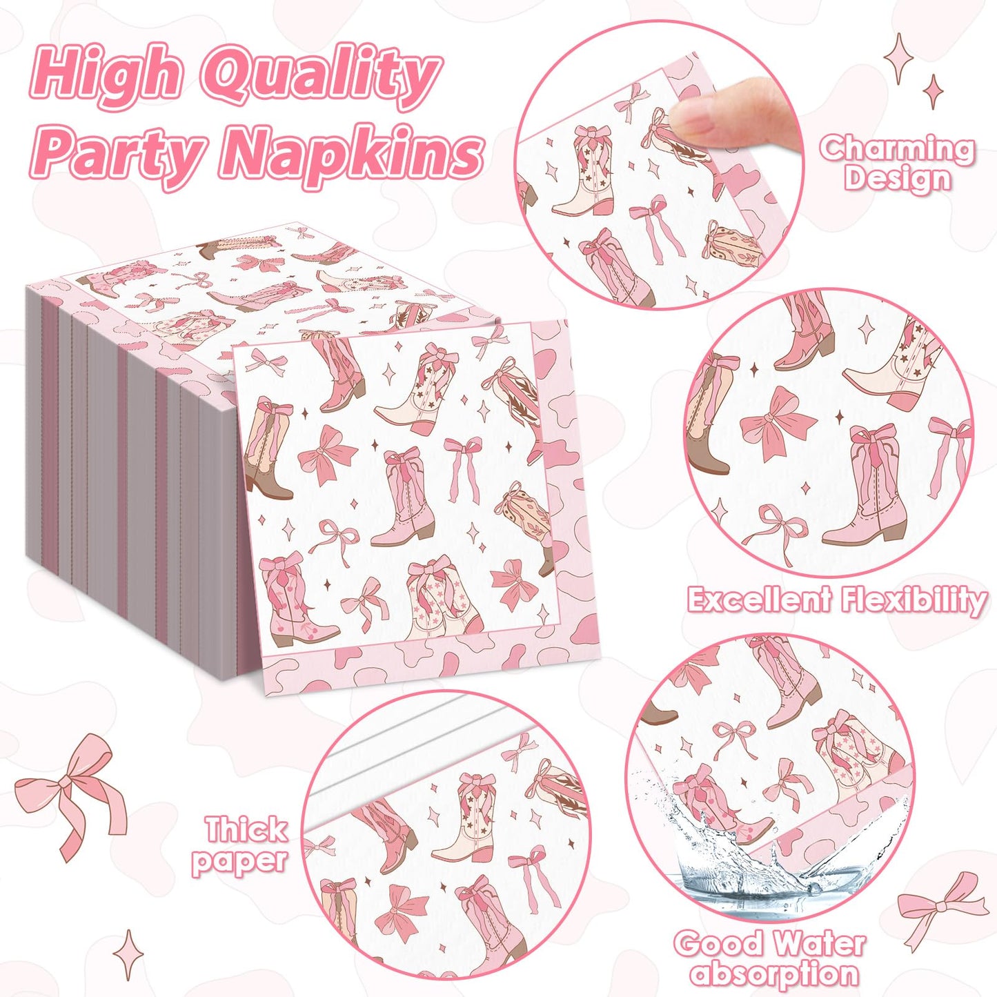 Justforjoyful 96Pcs Coquette Bow Cowgirl Party Supplies – Pink Western Plates, Napkins & Forks for Birthday, Baby Shower, Bachelorette