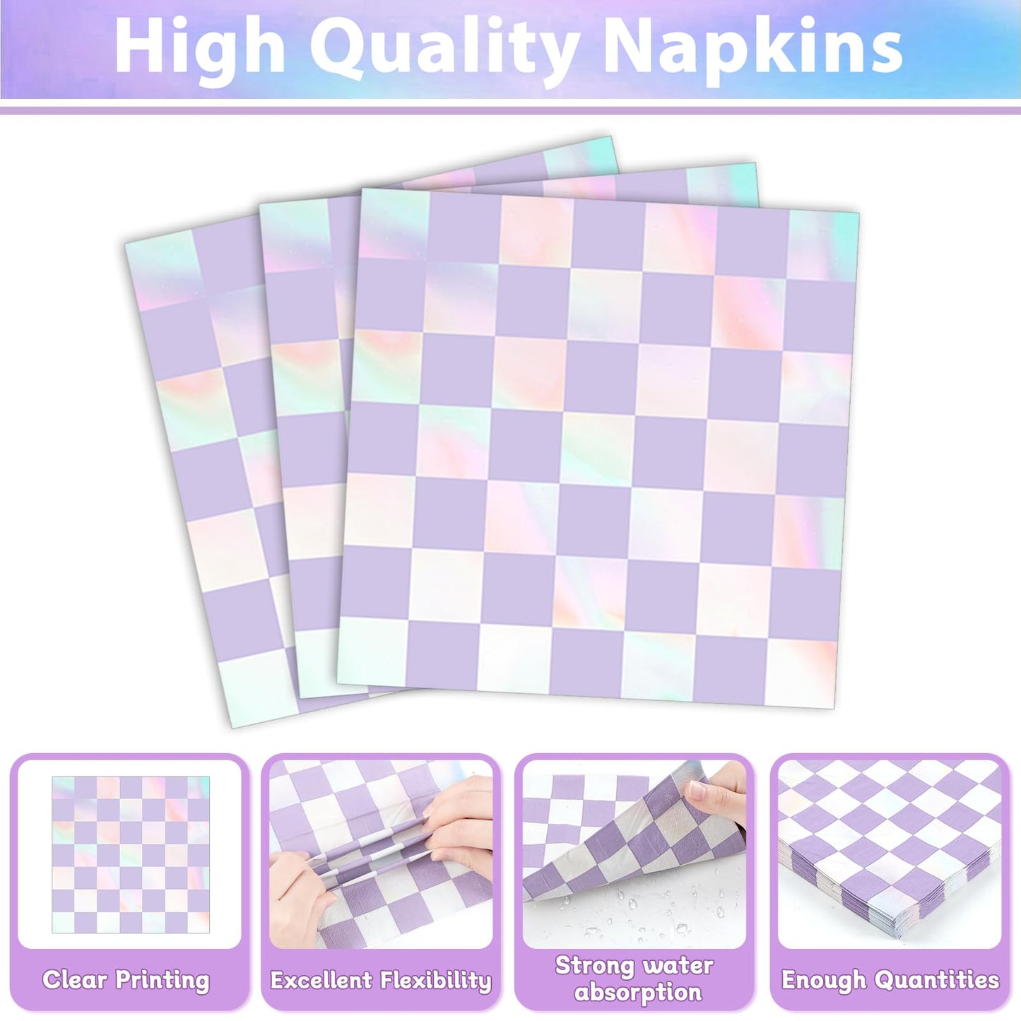 Justforjoyful 96Pcs Iridescent Purple Checkered Party Tableware Set for 24 – Plates, Napkins & Forks
