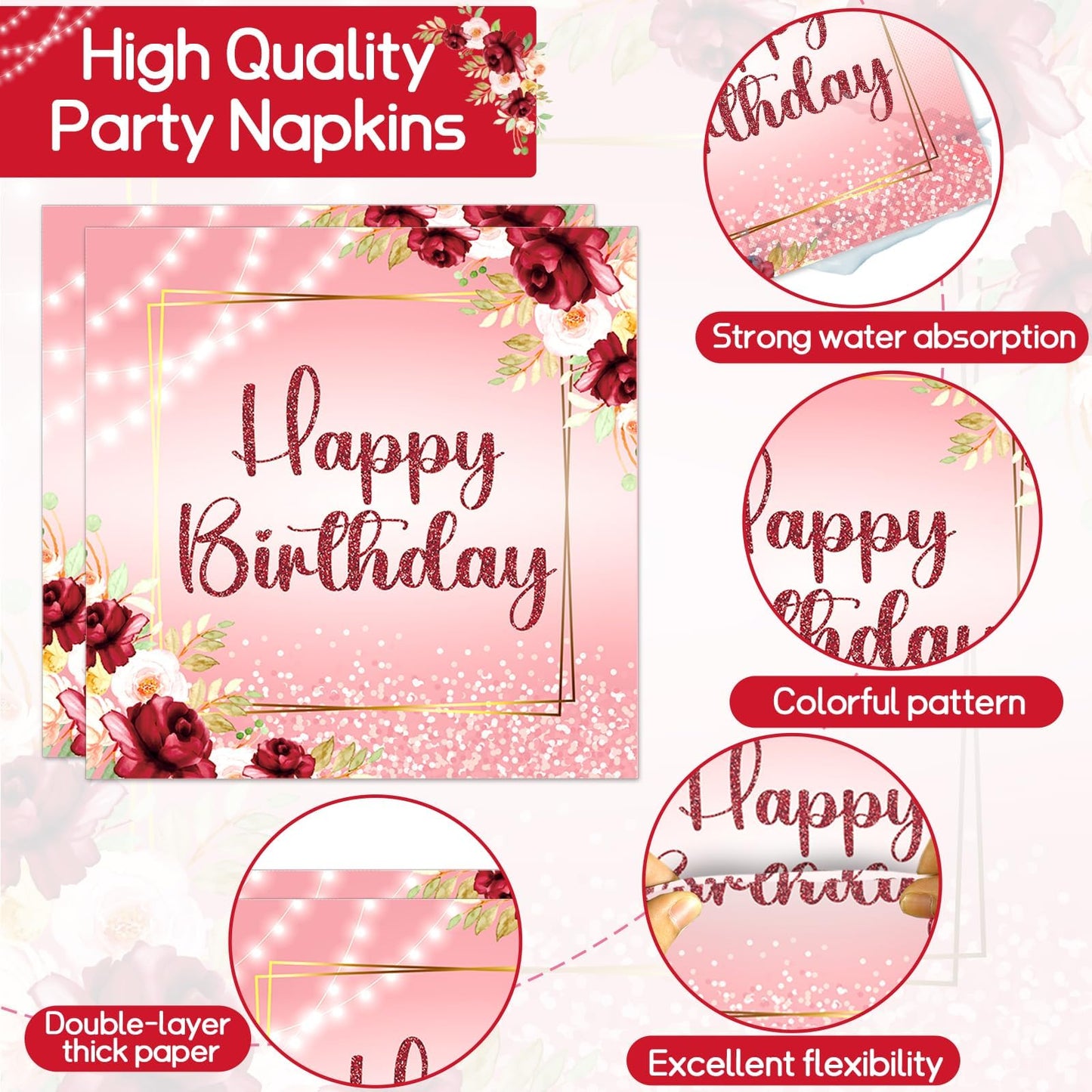 Justforjoyful Burgundy Floral Birthday Party Tableware – 96 Pcs for 24 Guests