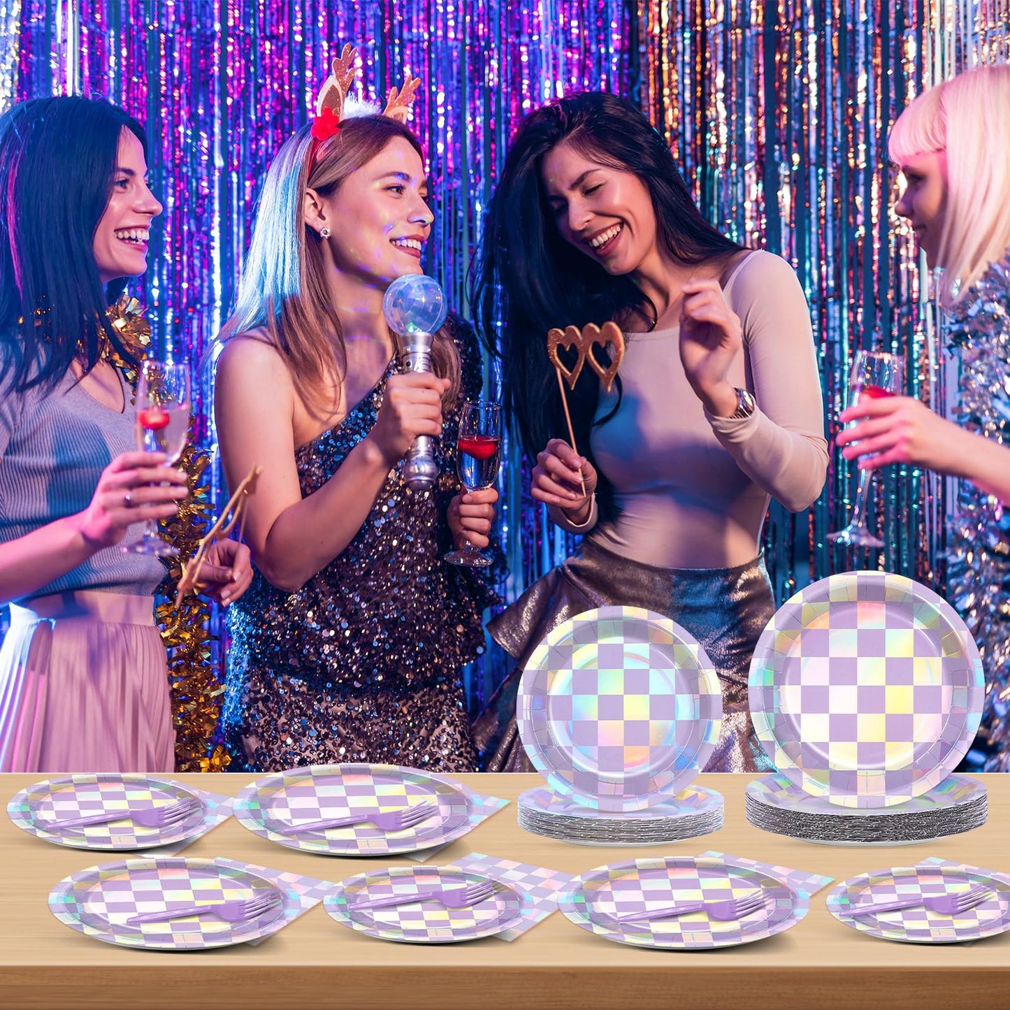 Justforjoyful 96Pcs Iridescent Purple Checkered Party Tableware Set for 24 – Plates, Napkins & Forks