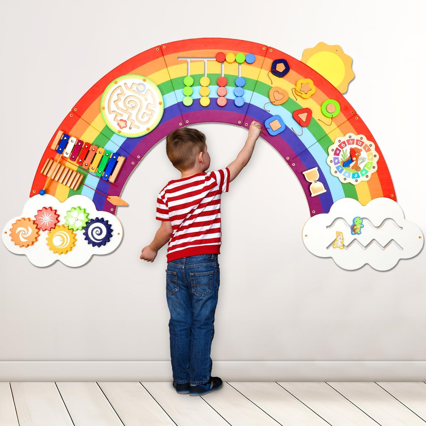 Justforjoyful 5FT Sunshine Rainbow Wooden Activity Wall Panel - Montessori Busy Board