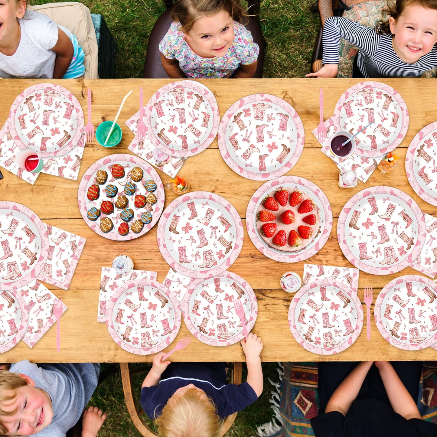 Justforjoyful 96Pcs Coquette Bow Cowgirl Party Supplies – Pink Western Plates, Napkins & Forks for Birthday, Baby Shower, Bachelorette