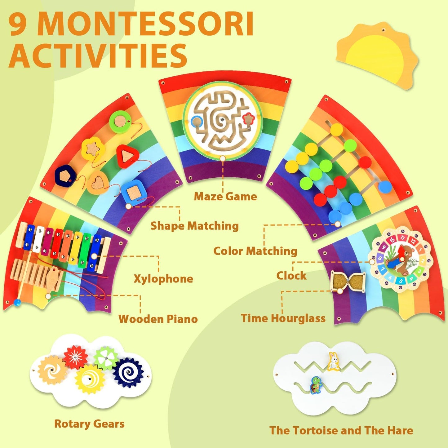 Justforjoyful 5FT Sunshine Rainbow Wooden Activity Wall Panel - Montessori Busy Board