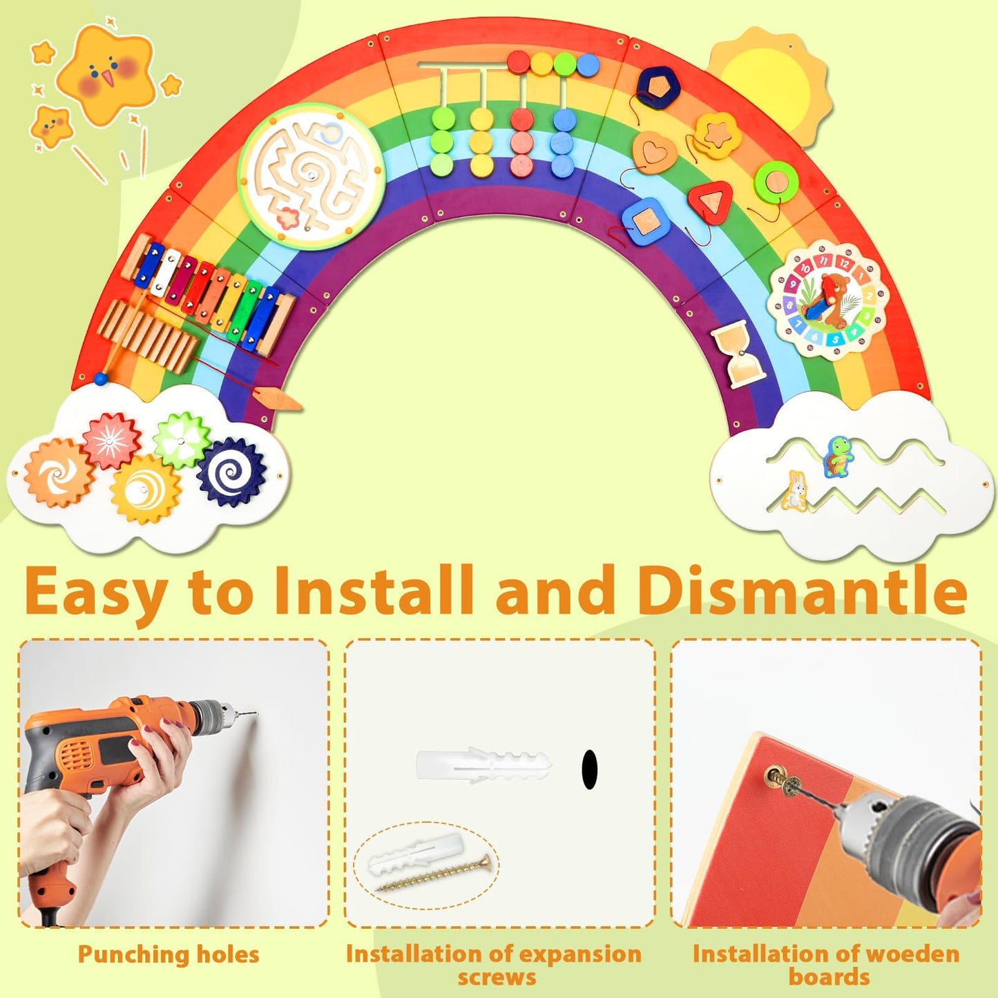 Justforjoyful 5FT Sunshine Rainbow Wooden Activity Wall Panel - Montessori Busy Board