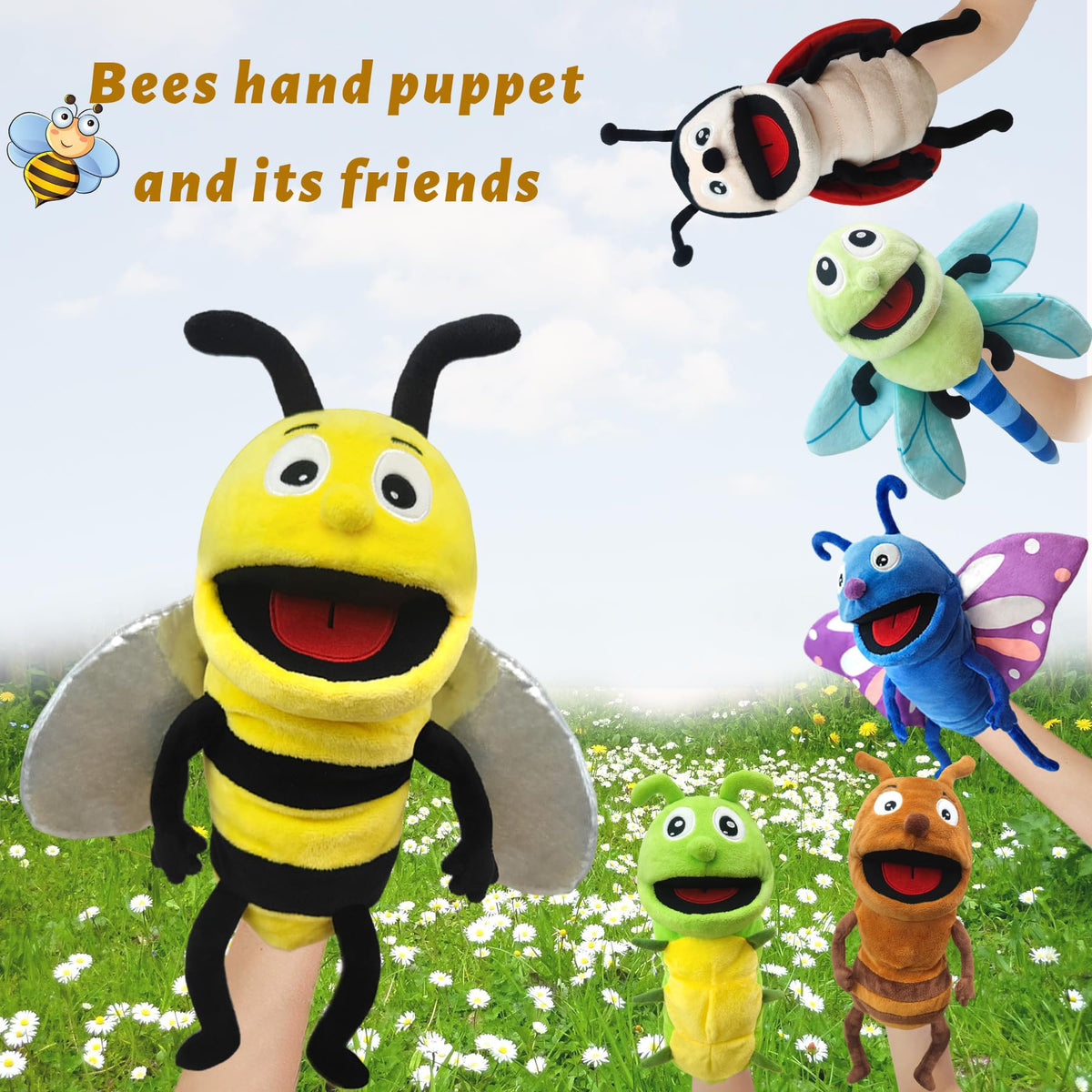 JUSTQUNSEEN Hand Puppet 13-Inch Plush Insect Puppets – Moveable Mouth for Kids