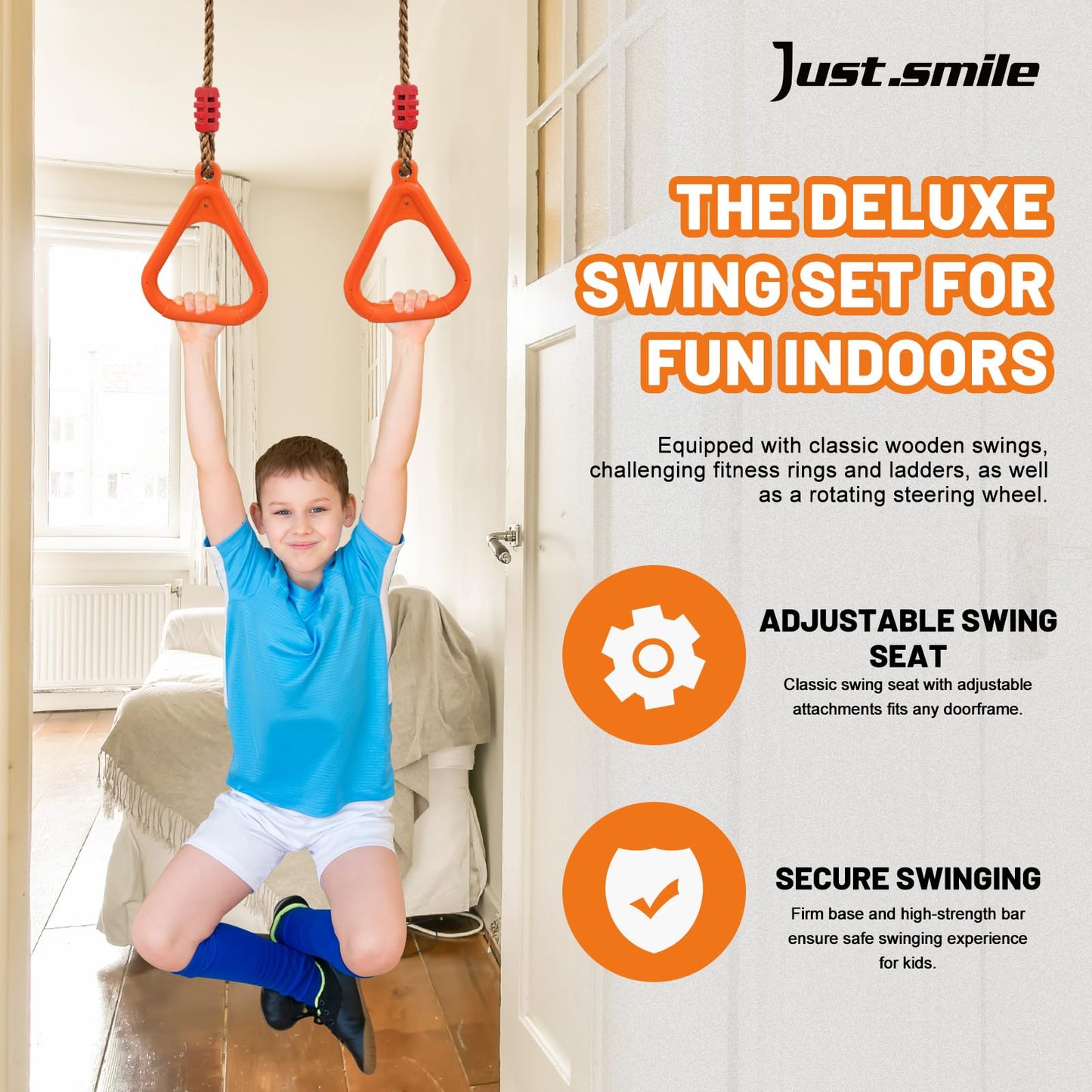 Just.smile Doorway Swing for Kids & Pull Up Bar – Indoor Family Gym (Orange)