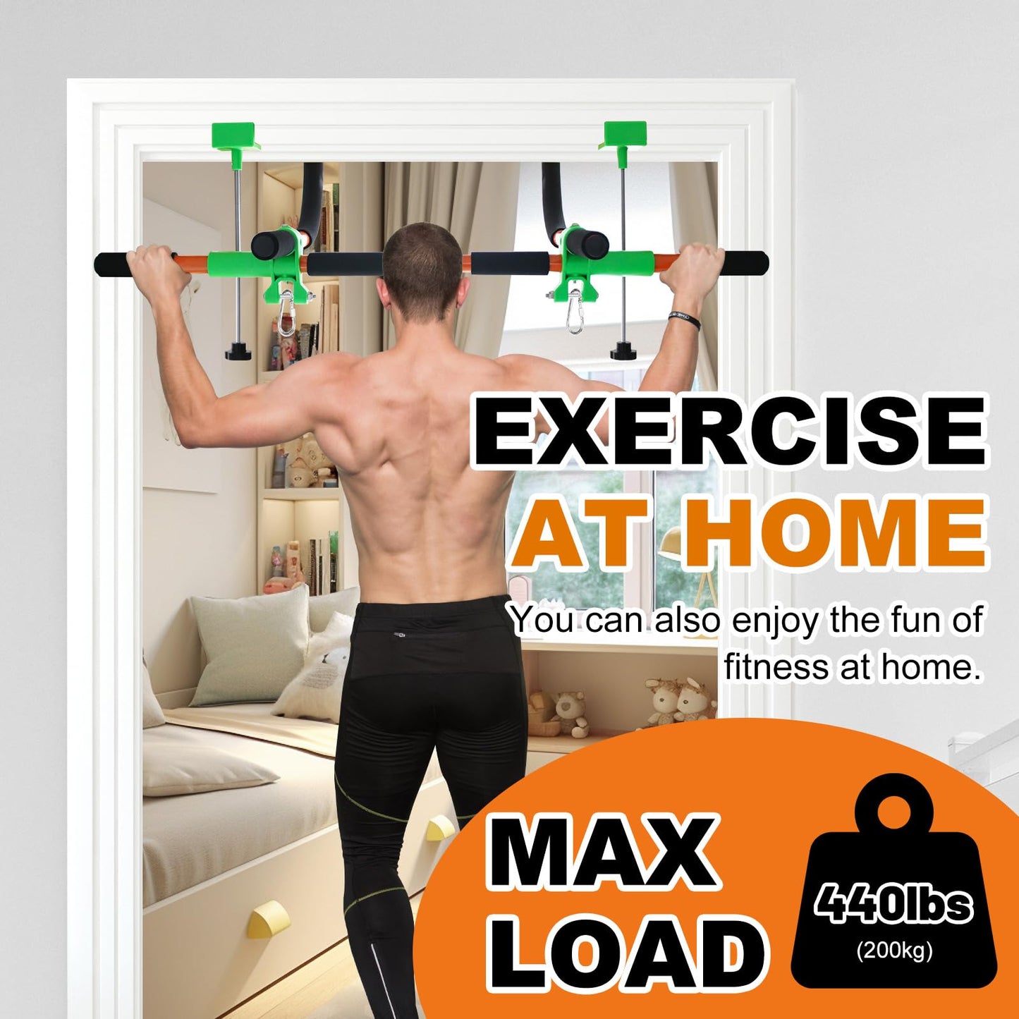 Just.smile Doorway Swing for Kids & Pull Up Bar – Indoor Family Gym (Orange)