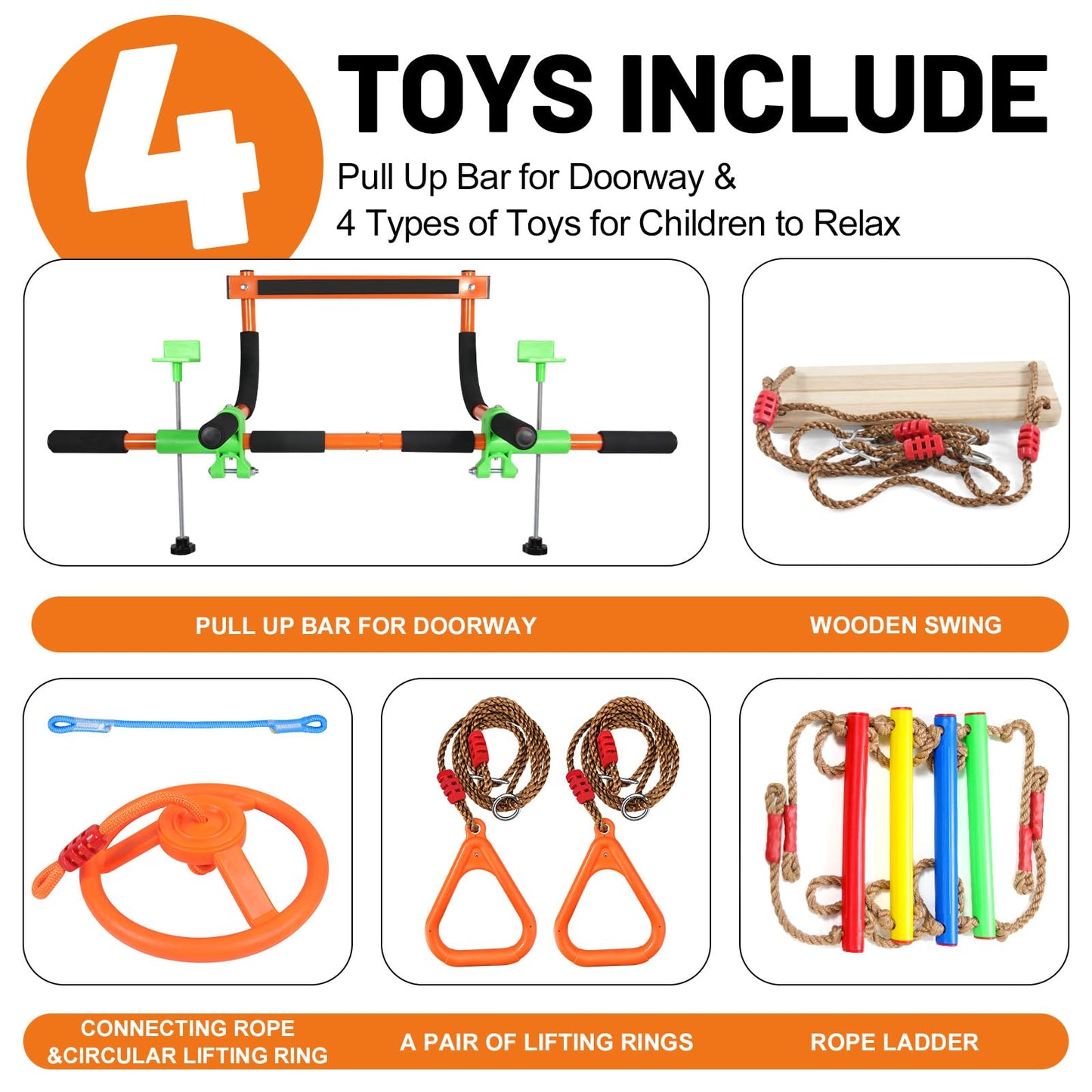 Just.smile Doorway Swing for Kids & Pull Up Bar – Indoor Family Gym (Orange)