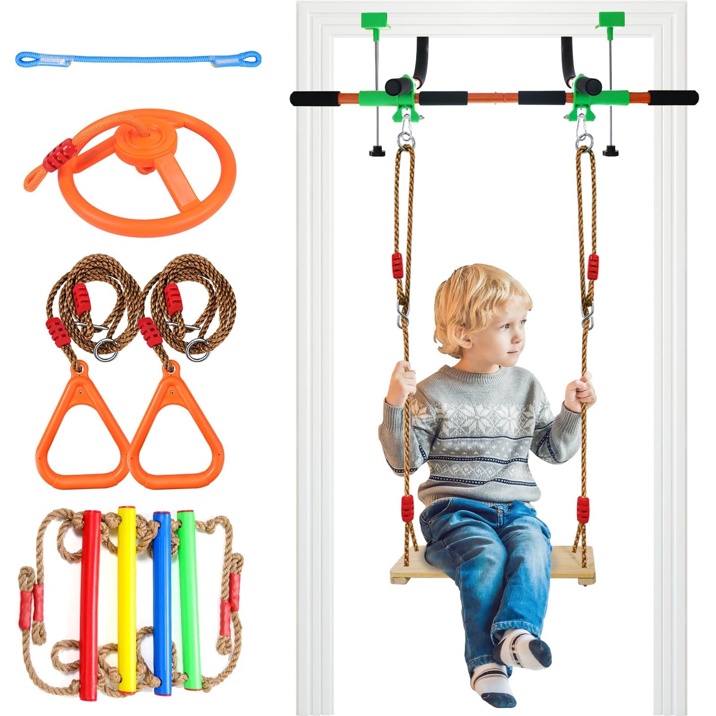 Just.smile Doorway Swing for Kids & Pull Up Bar – Indoor Family Gym (Orange)