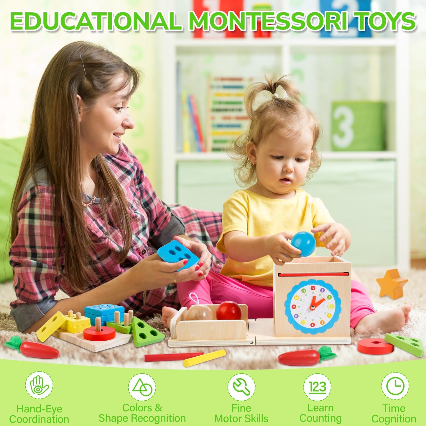 JUSTWOOD Montessori Toys for 1+ Year Old – 8-in-1 Wooden Play Kit