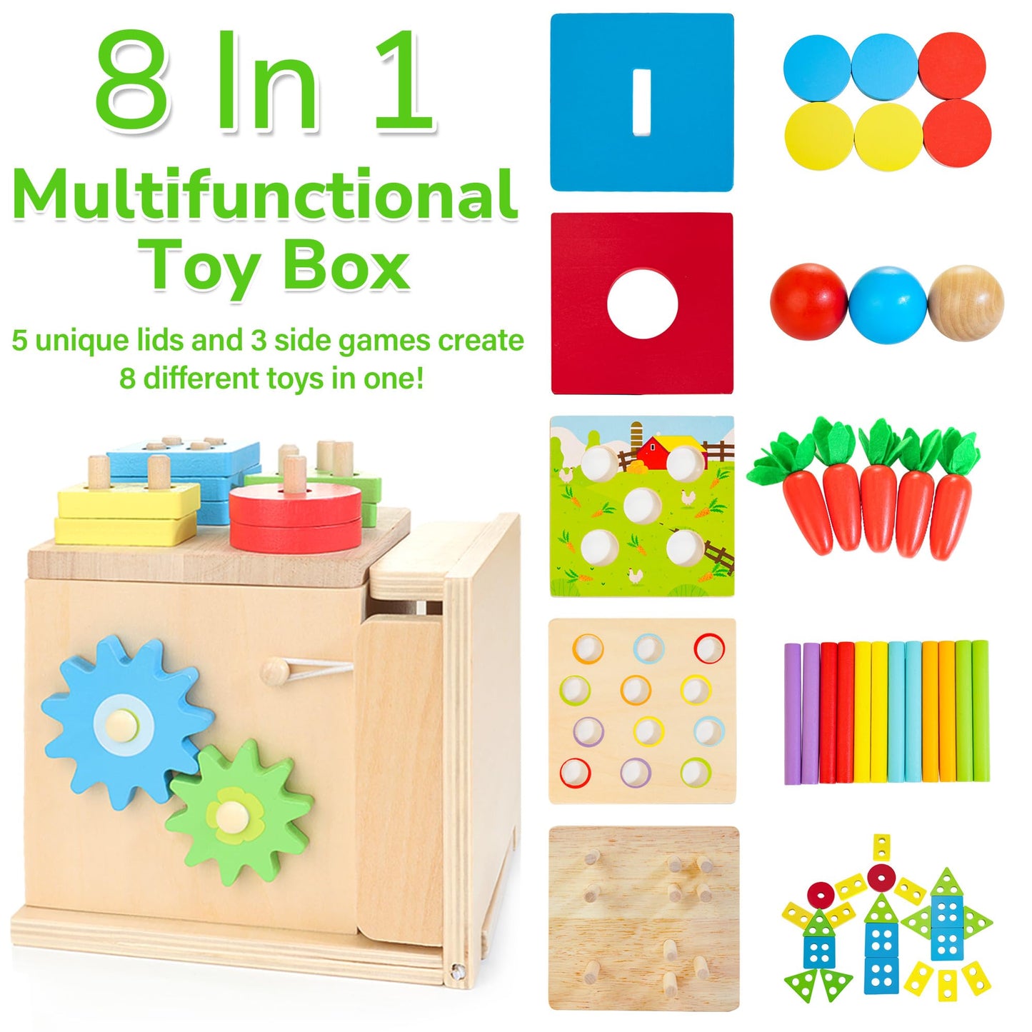 JUSTWOOD Montessori Toys for 1+ Year Old – 8-in-1 Wooden Play Kit