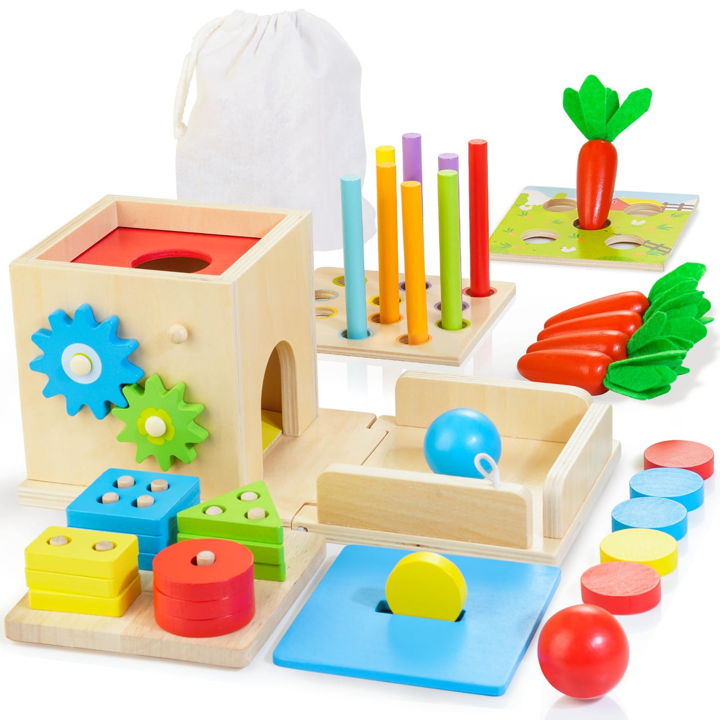 JUSTWOOD Montessori Toys for 1+ Year Old – 8-in-1 Wooden Play Kit