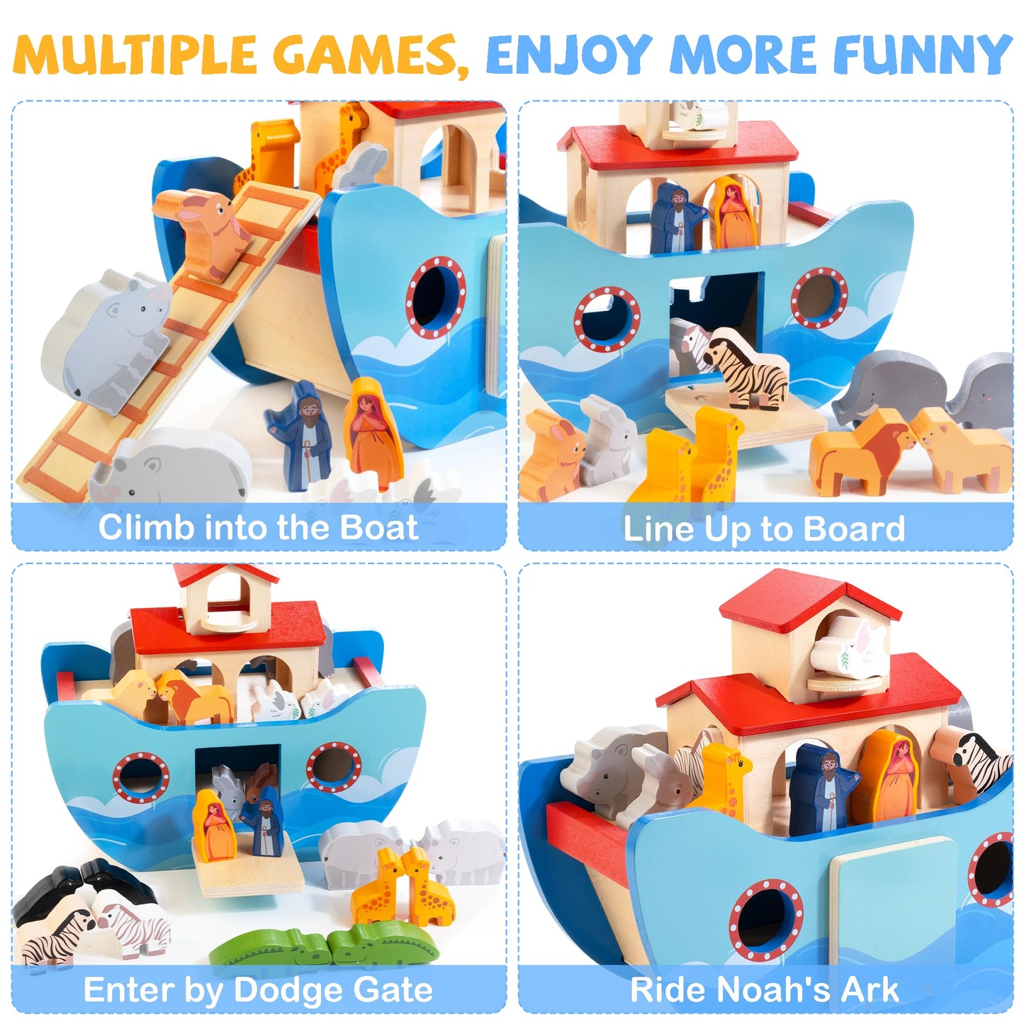 JUSTWOOD Wooden Noahs Ark Toy Animal Play Set – Montessori Learning & Bible Story Toy
