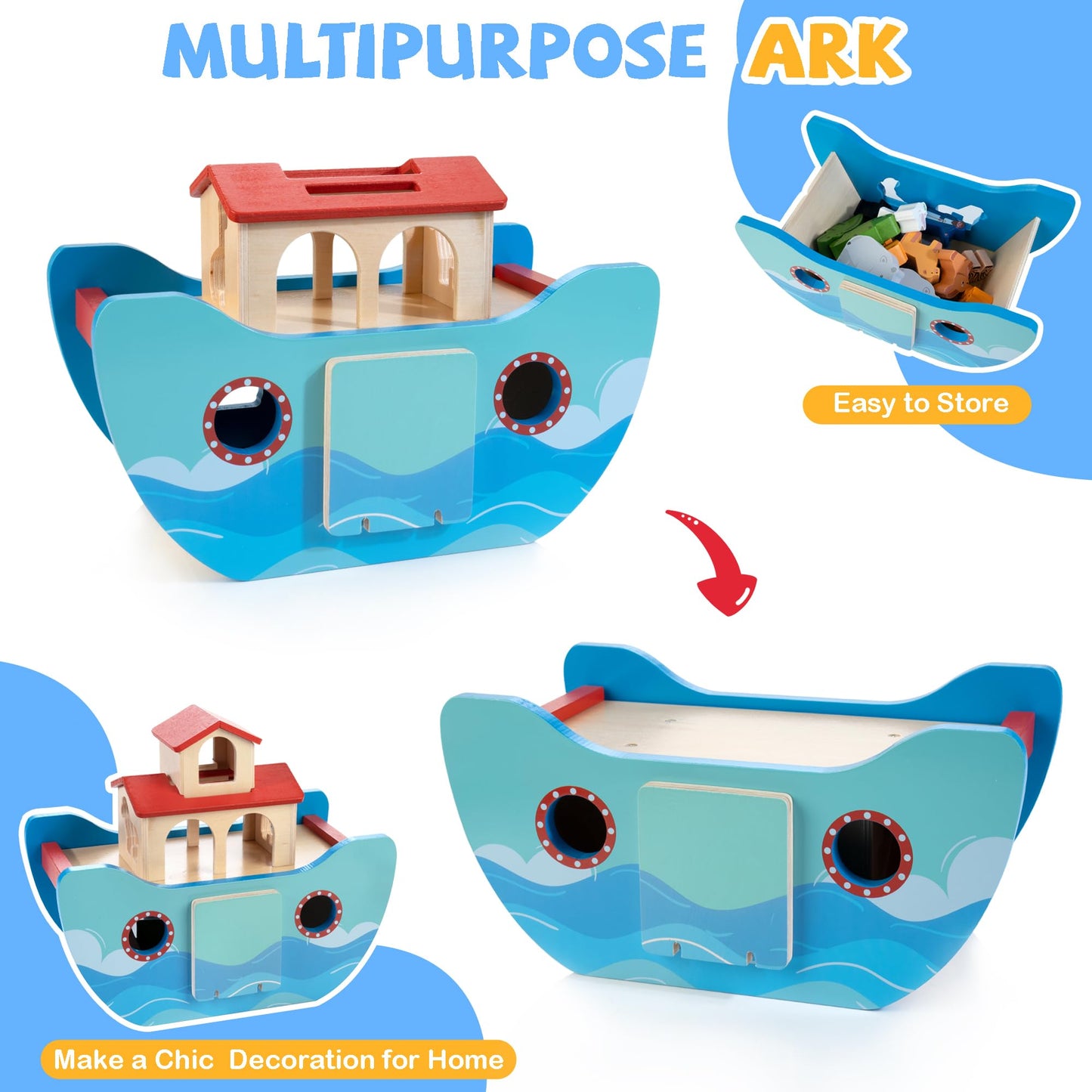 JUSTWOOD Wooden Noahs Ark Toy Animal Play Set – Montessori Learning & Bible Story Toy