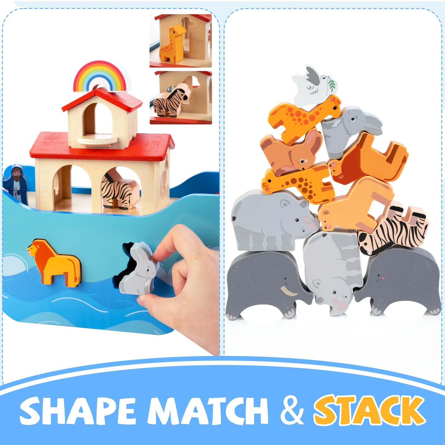 JUSTWOOD Wooden Noahs Ark Toy Animal Play Set – Montessori Learning & Bible Story Toy