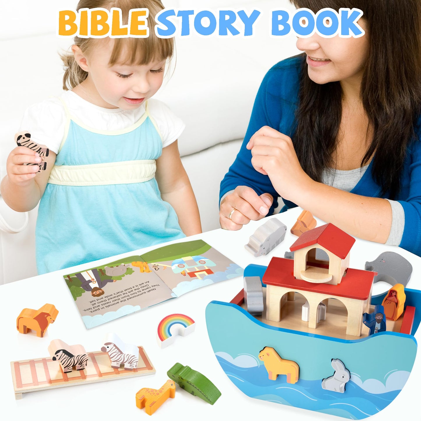 JUSTWOOD Wooden Noahs Ark Toy Animal Play Set – Montessori Learning & Bible Story Toy