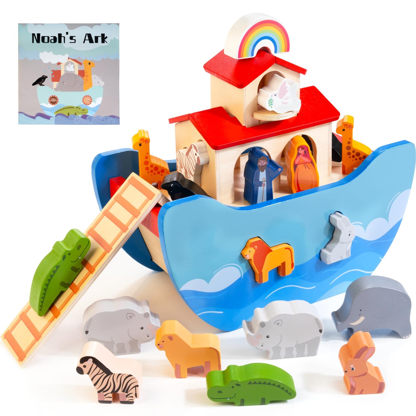 JUSTWOOD Wooden Noahs Ark Toy Animal Play Set – Montessori Learning & Bible Story Toy