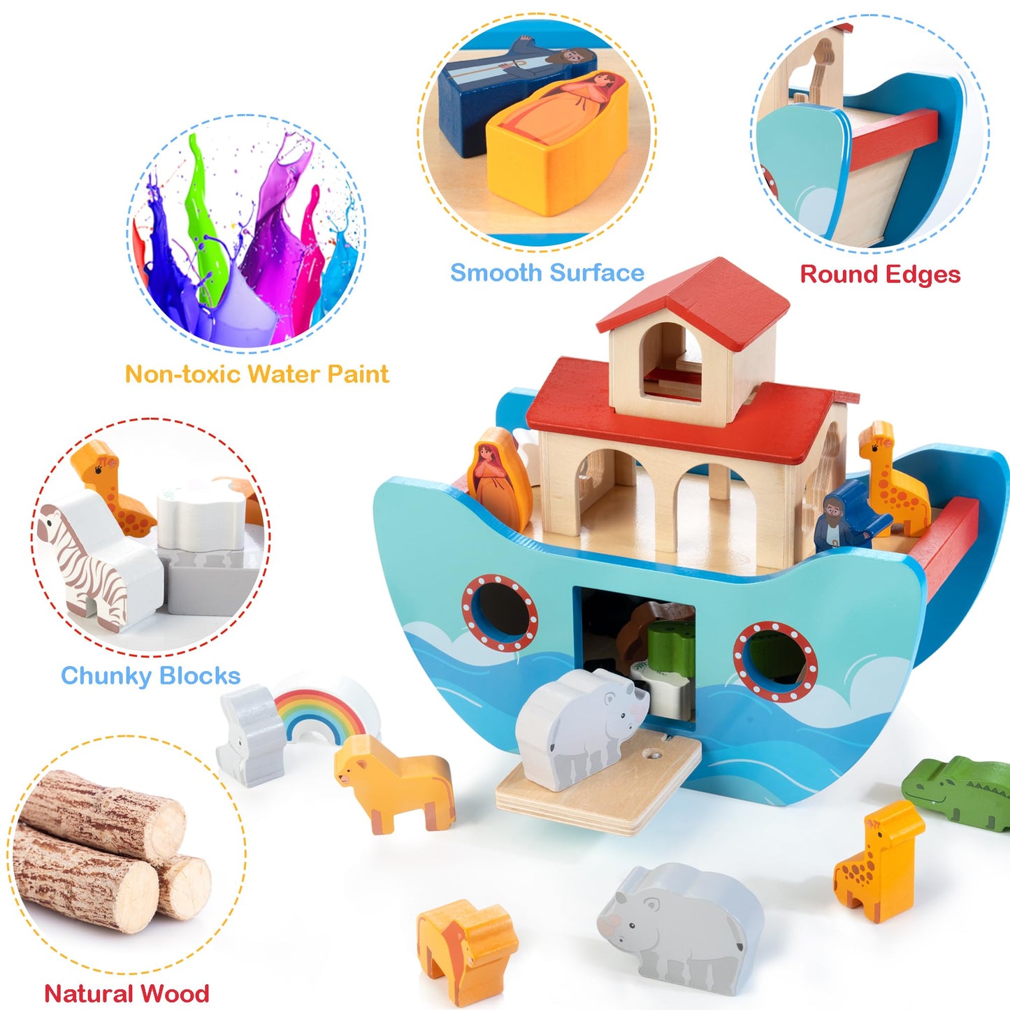 JUSTWOOD Wooden Noahs Ark Toy Animal Play Set – Montessori Learning & Bible Story Toy